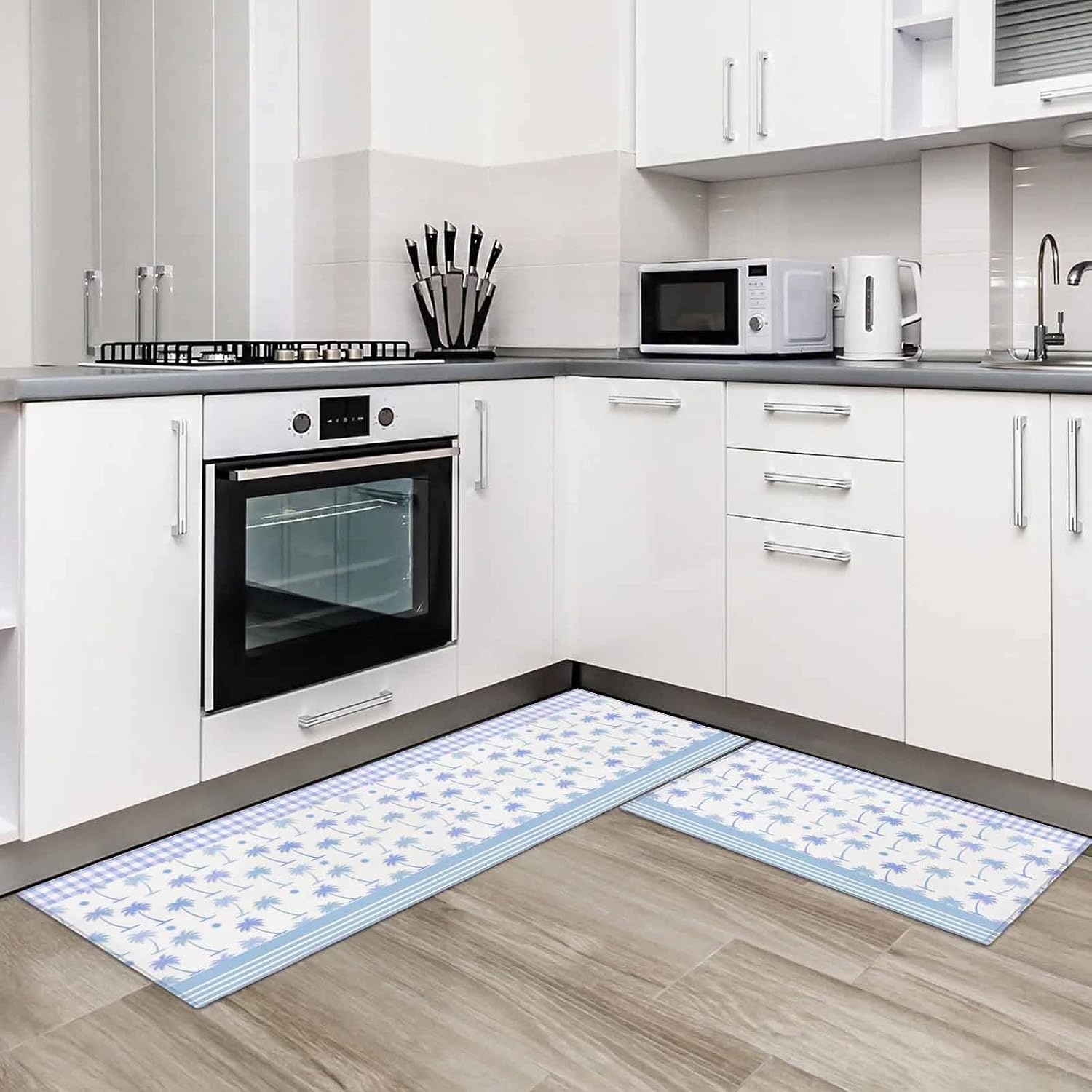 Kitchen Mats for Floor Seamless Coconut Palm Trees Washable Non Slip Kitchen Rugs 2PCS, Blue Lavender Plaid Stripe Absorbent Standing Mats for Sink Bathroom Office Living Room 15.7x23.6in+15.7x47.2in