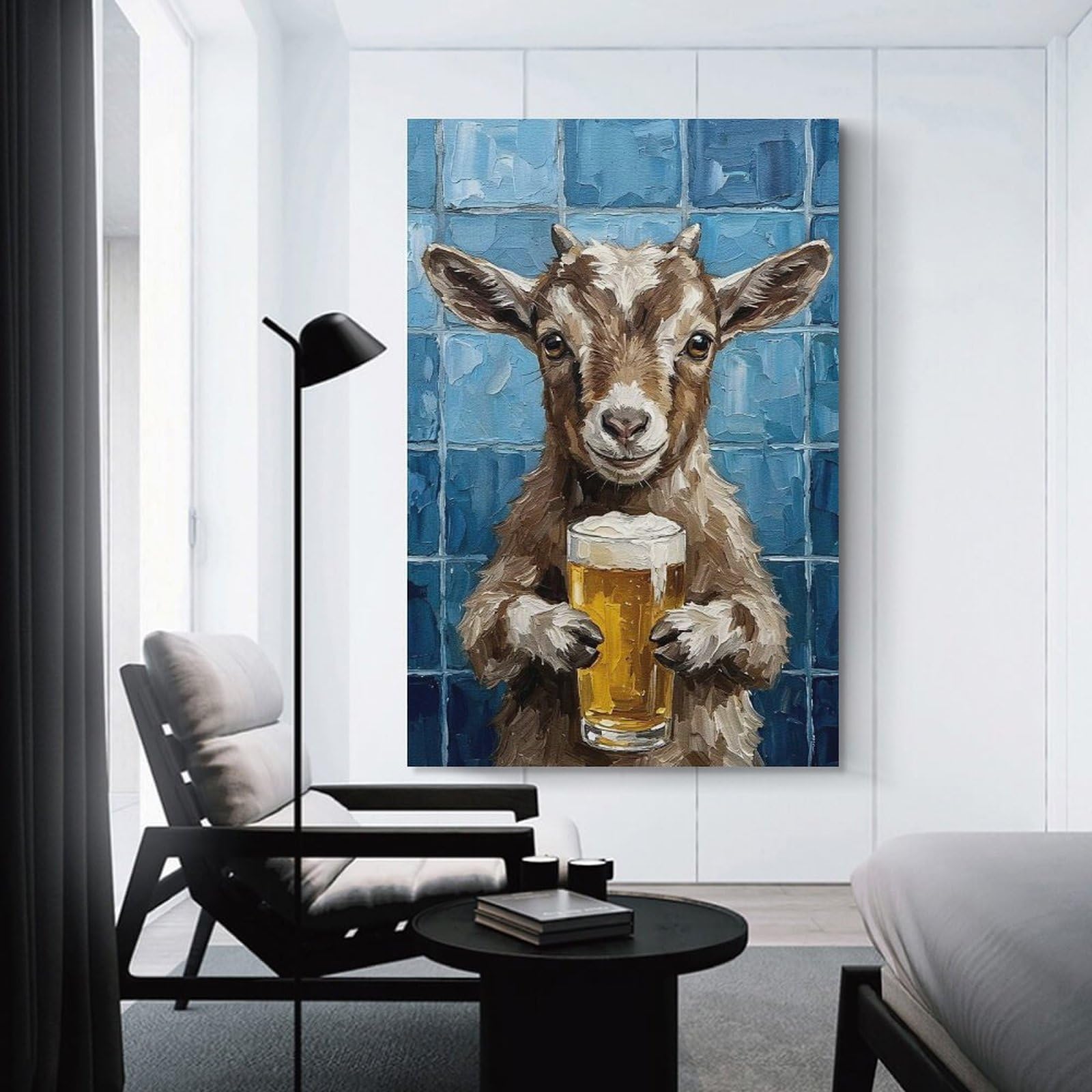 Junmoney Goat with Beer Painting Wall Art Print, 24x36inch(60x90cm), for Bedroom Walls, Guest Spaces Or Lounges, Home Artwork with A Soft Interior Feel