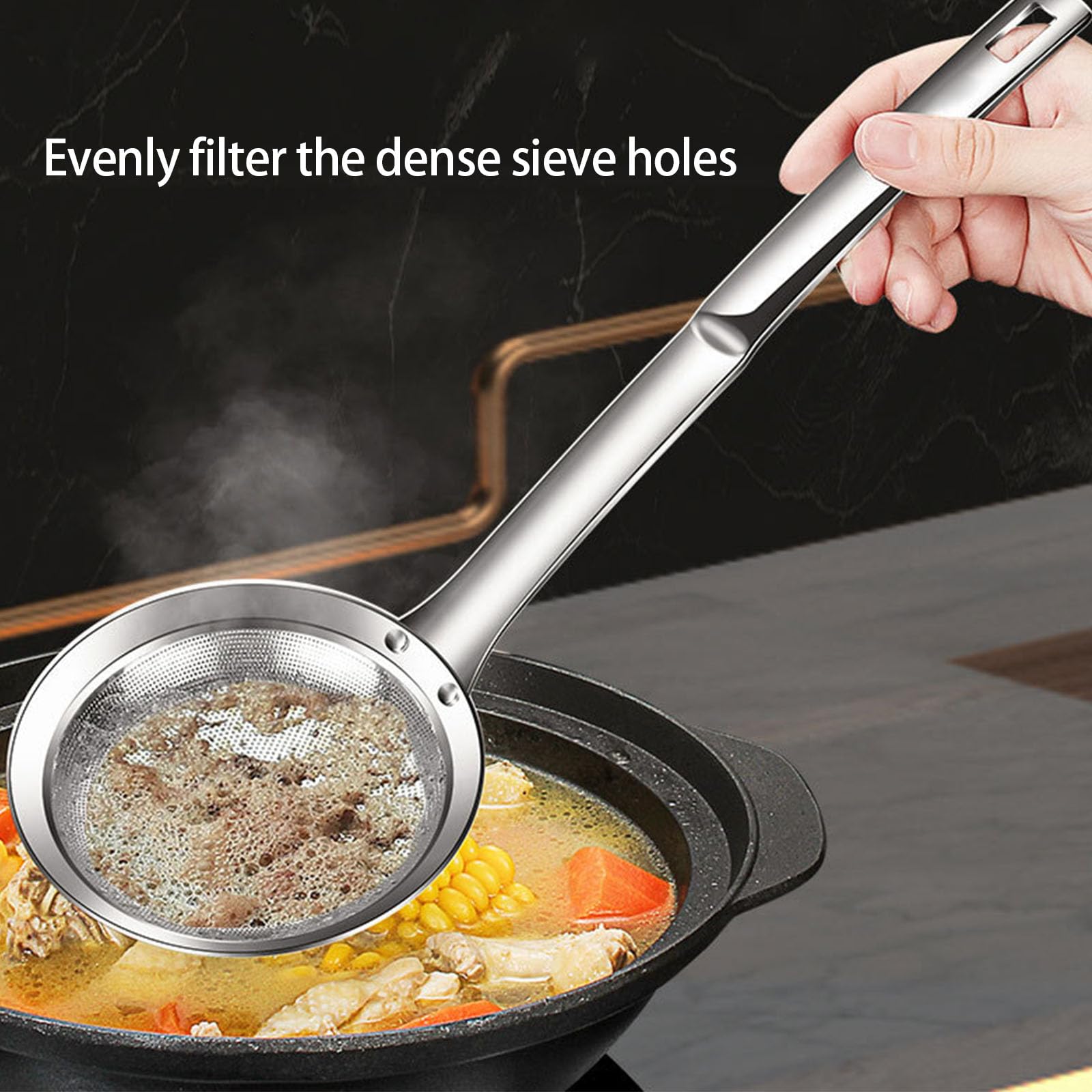 2pcs Fine Meshes Stainless Steel Strainer Spoon Oil Skimmers For Kitchen Soup Grease Filtering With Ergonomic Handle