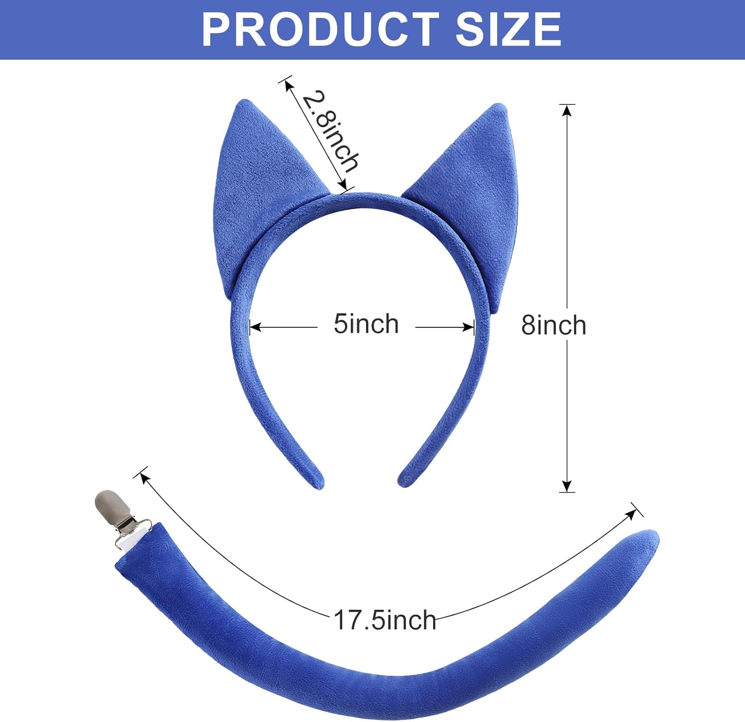 Blue Cat Ears Headband and Tail Set Plush Adult Halloween Cat Costume Accessories - Image 2