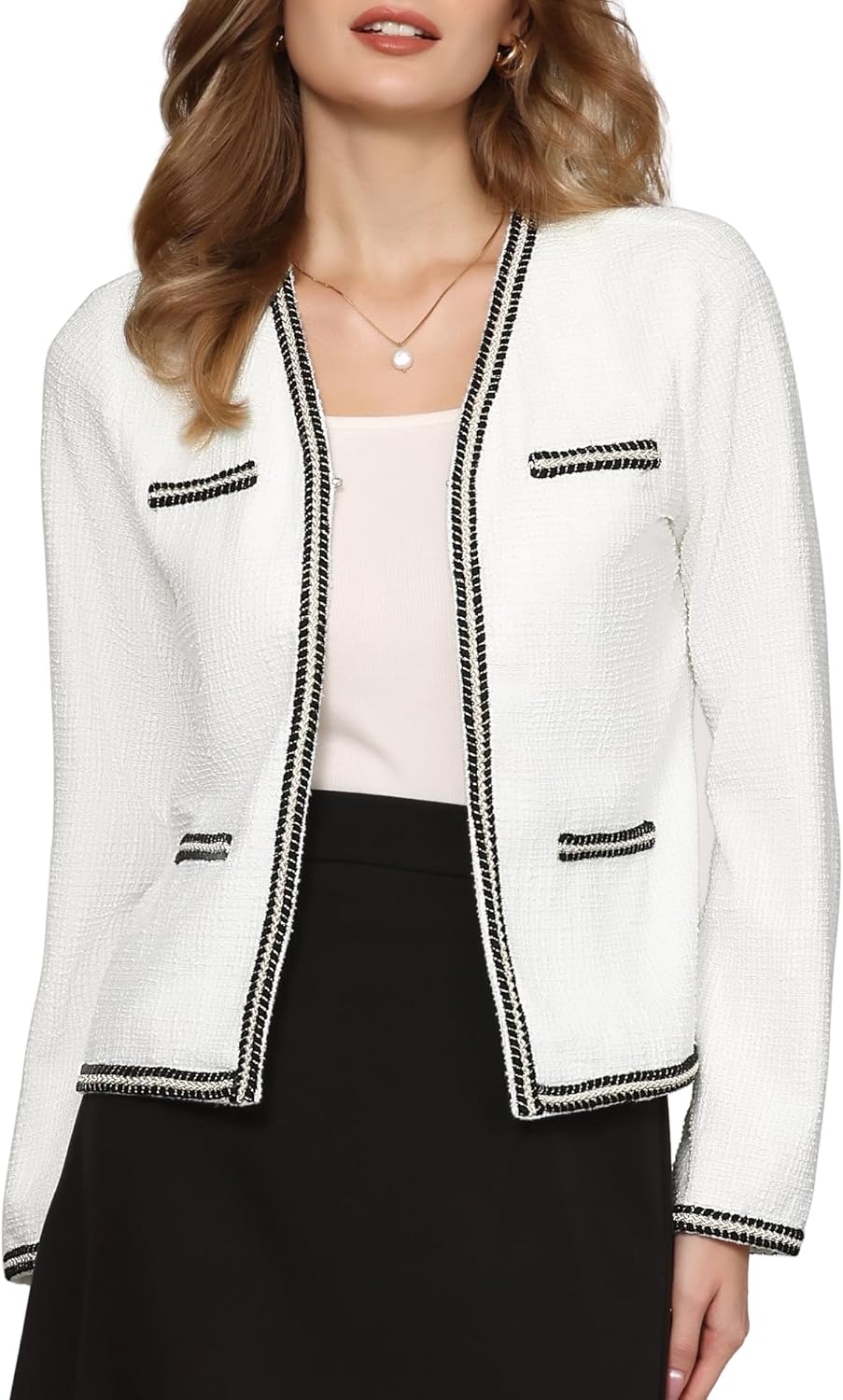 Women's Tweed Cardigan Long Sleeve Open Front Business Casual Knit Jacket for Dress