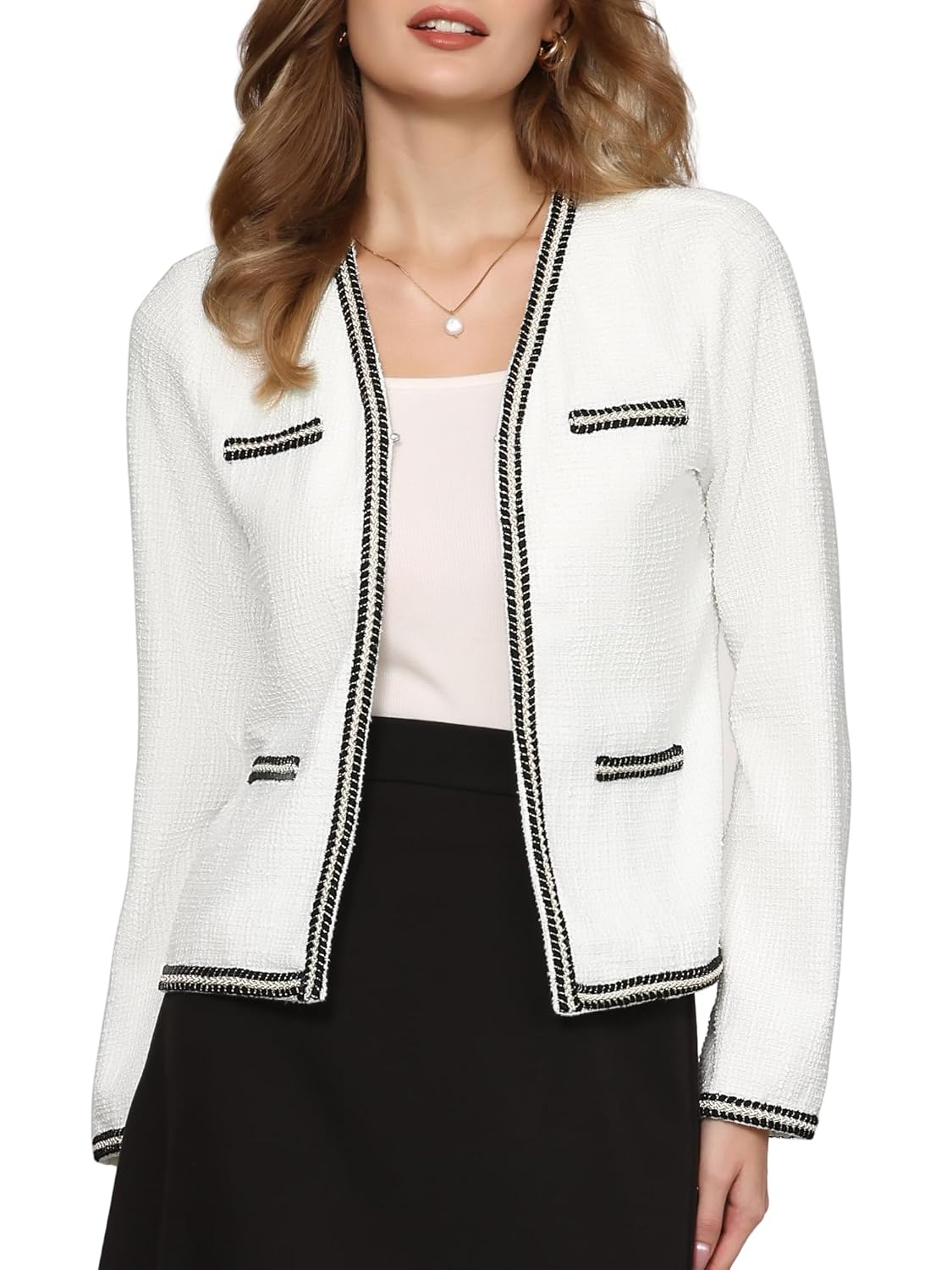 Womens Tweed Cardigan Long Sleeve Open Front Business Casual Knit Jacket for Dress