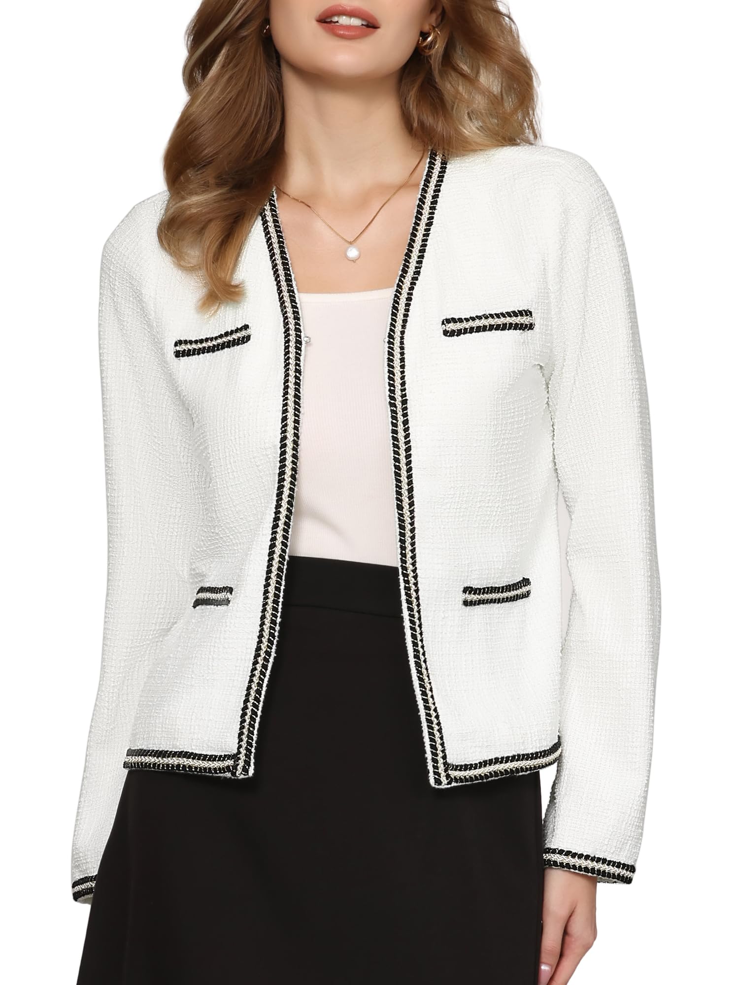 Womens Tweed Cardigan Long Sleeve Open Front Business Casual Knit Jacket for Dress