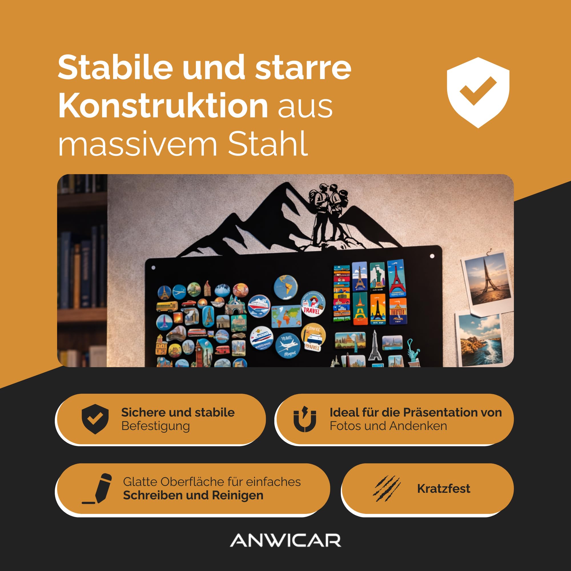 Magnettafel für Erinnerungen Schwarz 87x49 cm | Magnetisches Stahlboard für Magnete, Fotos und Notizen, Beschreibbar, Montageset inklusive