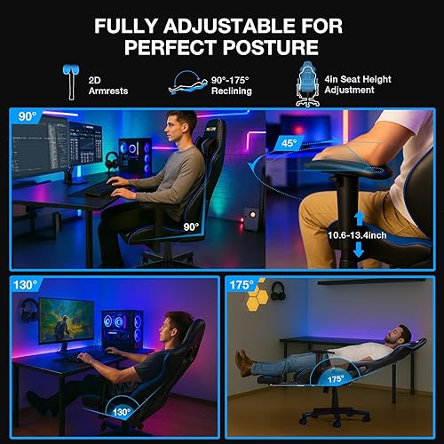 Miniatura 4 de Douxlife Silla de juegos de masaje de 7 puntos, reclinable para juegos de 175 con reposapiés, silla ergonómica de oficina para computadora, silla