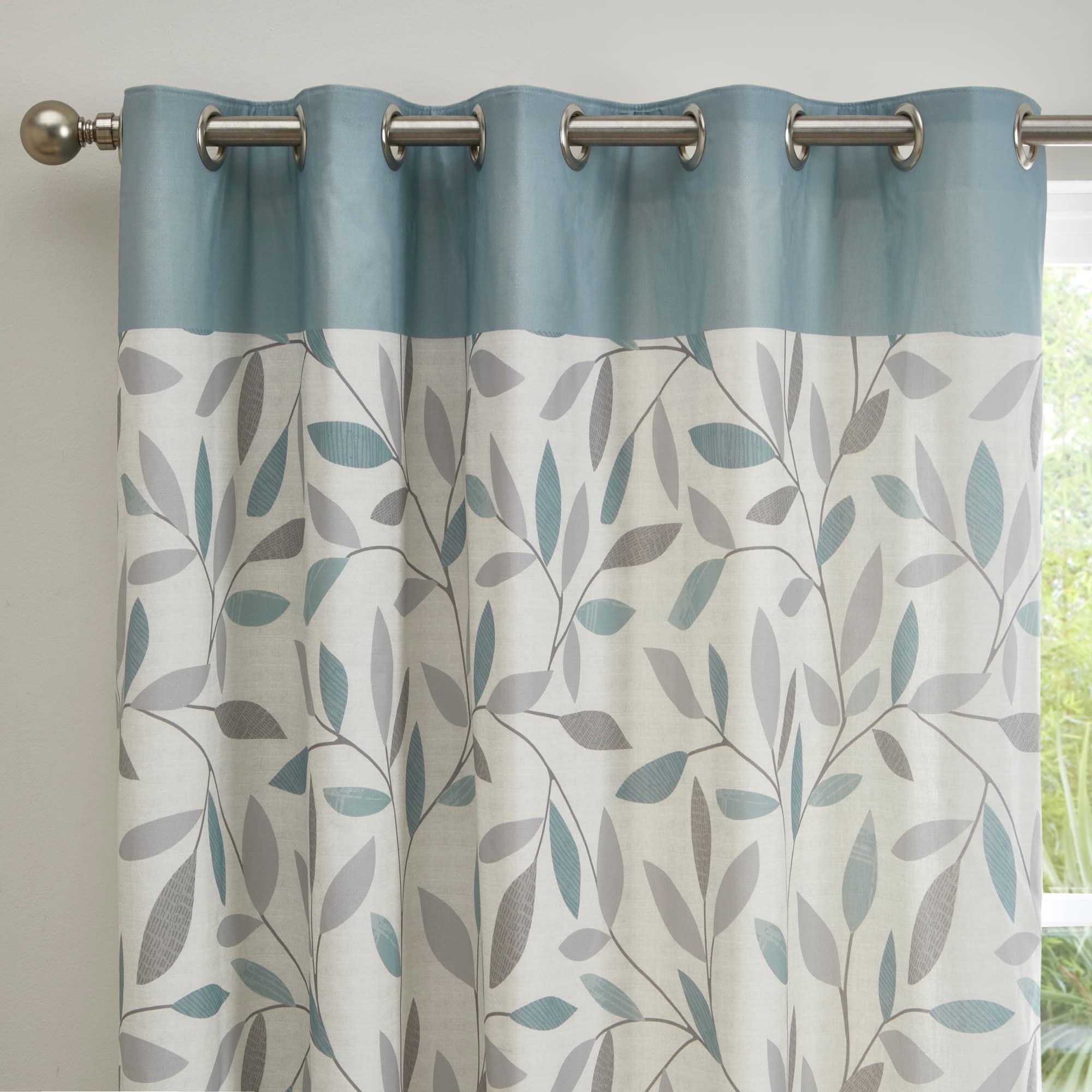 Fusion Duck Egg Blue Leaf Eyelet Curtains 66 x 72 Inches (168 x 183 cm), 100% Cotton, 2 Panels - Image 2