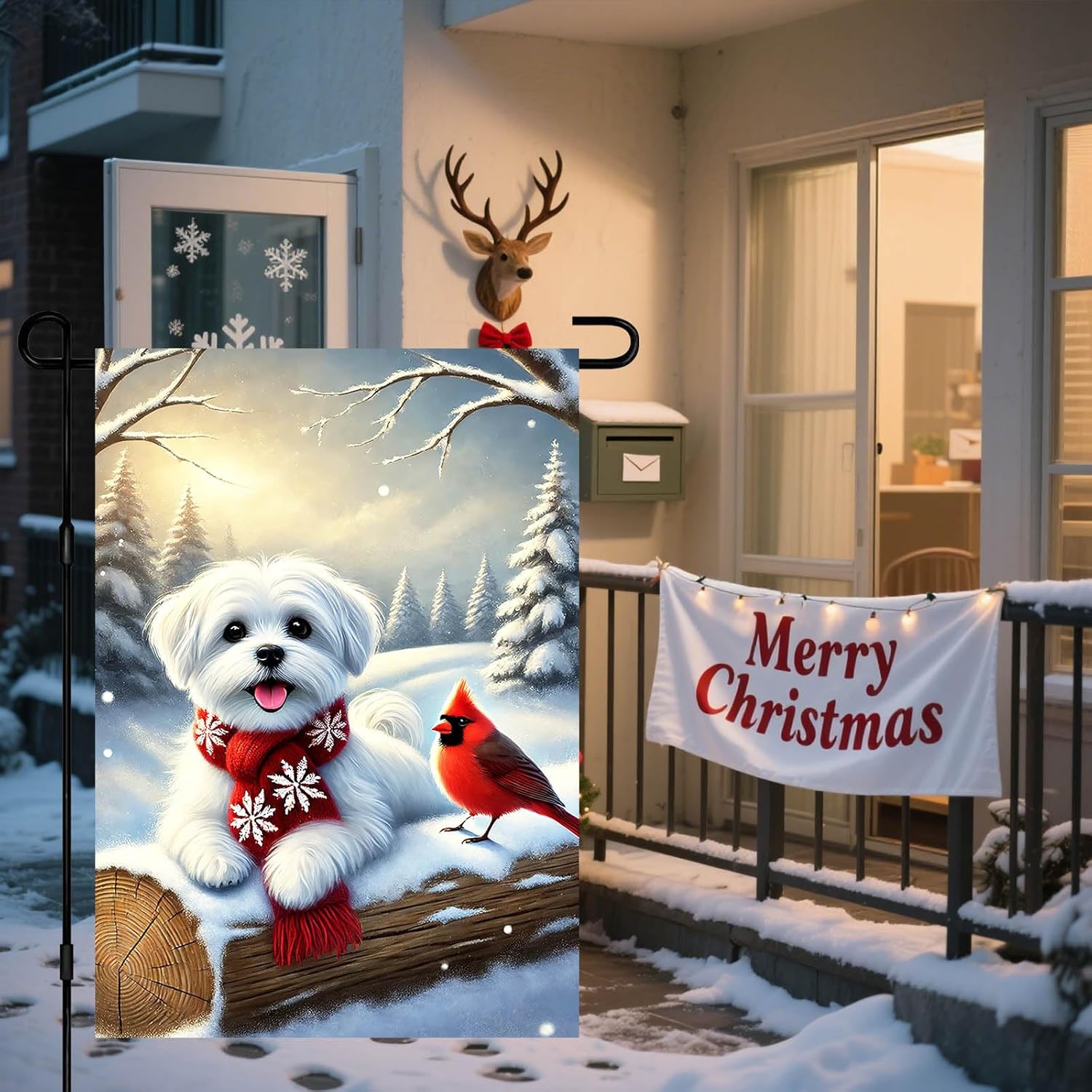 Winter Garden Flag 12x18 Inch Double Sided Maltese Dog in Red Scarf Garden Flag Winter Holiday Yard Banner Outdoor Decoration Farmhouse Christmas Flag for Porch Lawn Welcome Seasonal Outdoor Decor - Image 7