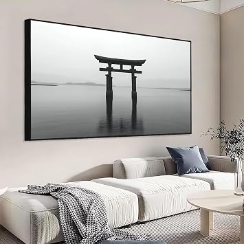 Torii Gate Canvas Wall Art, Large Torii Gate Picture Wall Decor, Black White Japanese Canvas Print, Minimalist Home Decor, Japanese Wall Art, Tori Gate Canvas for Wall Black Framed, 23"x13"|60x35cm