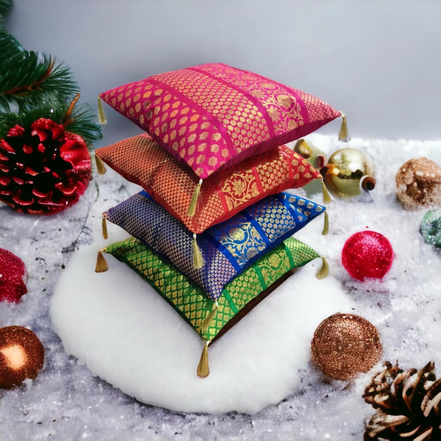 YILLE Silk Banarasi Brocade Decorative Throw Pillow Covers 18x18 (Set of 5)– Ethnic Floral Design Cushion Cases with Tassels, Bohemian Sofa Pillow Shams for Couch, Bed, Living Room Décor