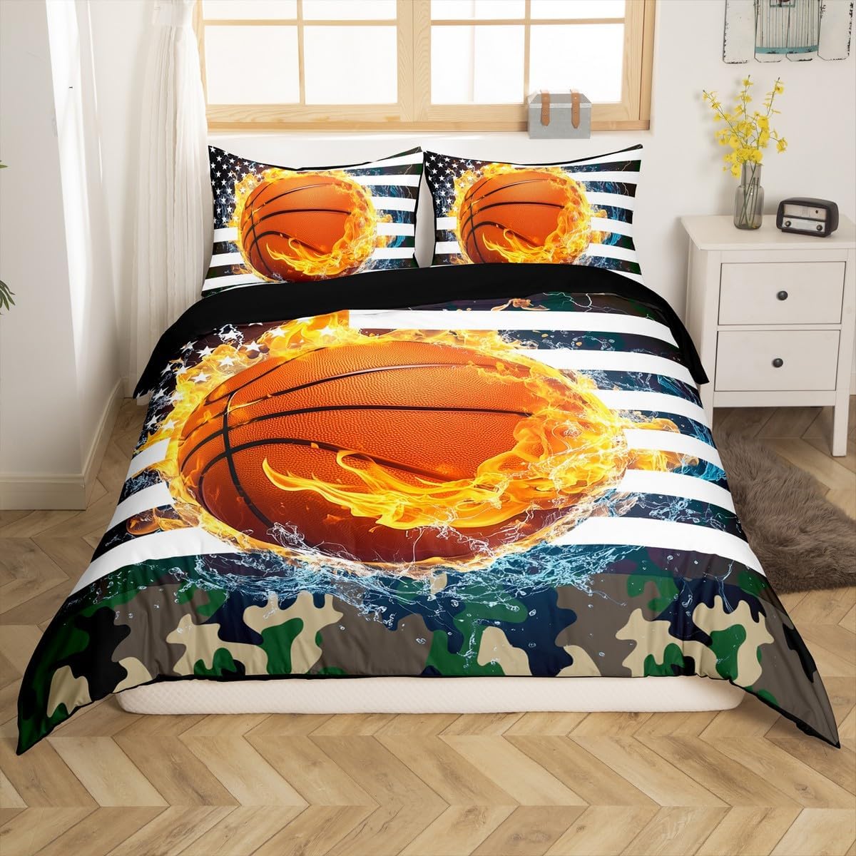 Erosebridal Basketball Duvet Cover, Camouflage Bedding Set Full for Kids Boys Teens, American Flag Duvet Cover Sports Games and Camo Bedspread Cover, Decorative 3 Piece with 2 Pillow Cases, Grey