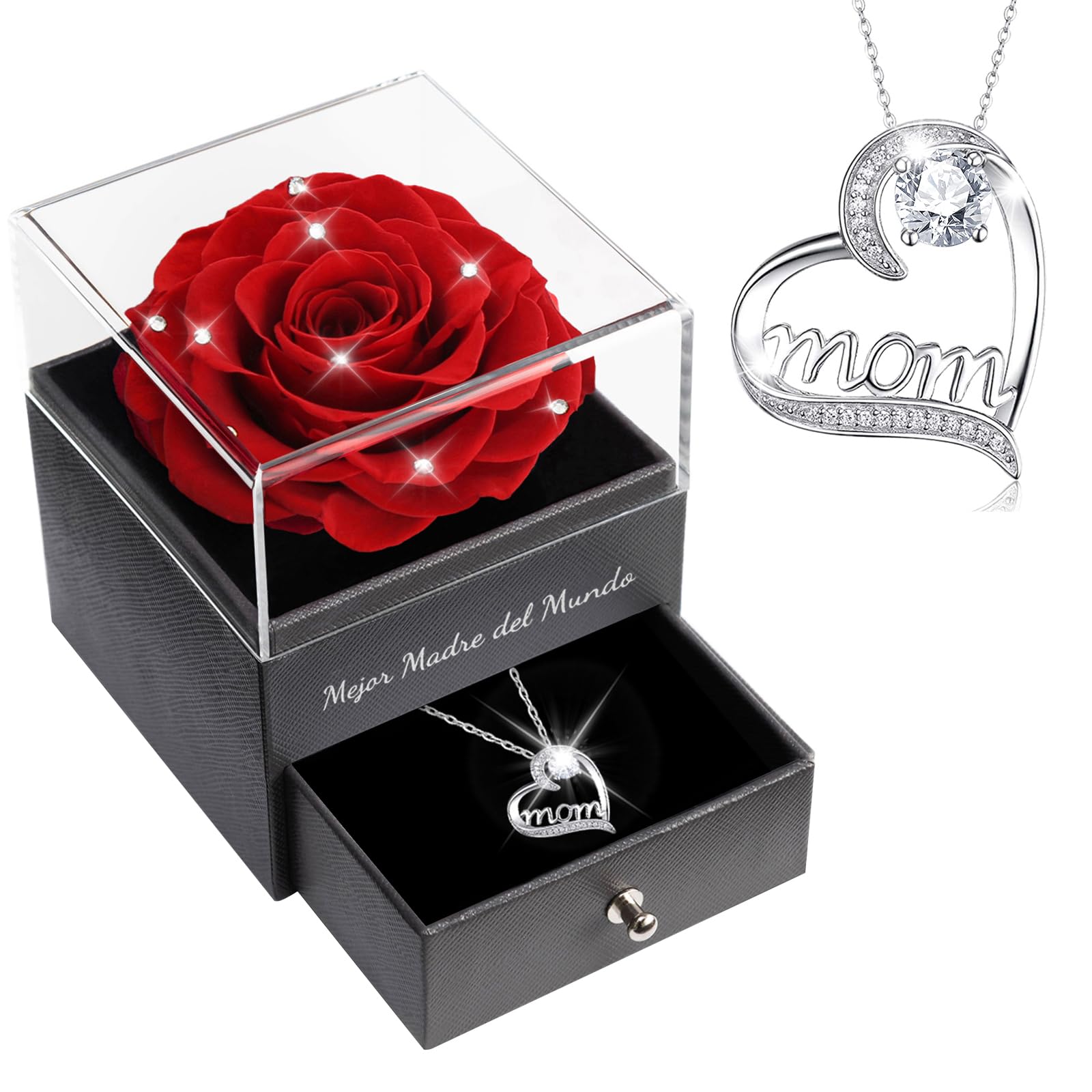 Sunia Idee Cadeau Maman,Rose Eternelle avec Bijoux avec Argent 925 Collier, Mejor Madre del Mundo, Rose Préservée Fleurs Cadeau pour la fête des Mères Anniversaire Noel Cadeau pour Maman Grand-mère