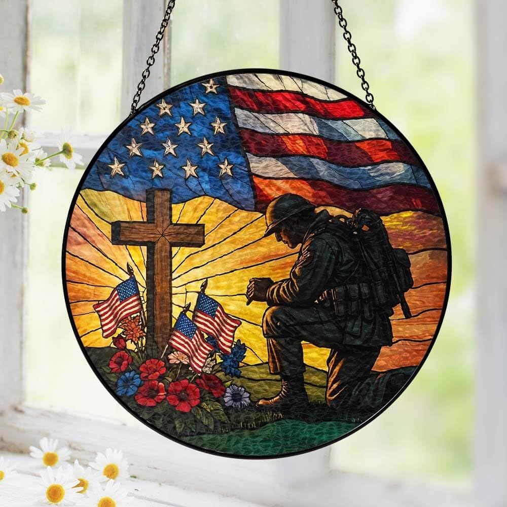 Stained Acrylic Suncatcher,7.48in Kneeling Soldier Patriotic Memorial Veterans Day Window Decor
