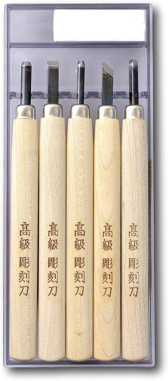 KAKURI Japanese Wood Carving Tools Set for Beginners (5 Pcs) Made in JAPAN, Wood Carving Knife for Woodblock Printing, Woodcut Printmaking, Linoleum Carving, Linocut