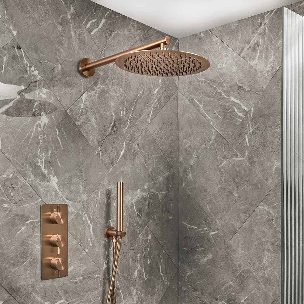 Milano Brushed Copper Otto Thermostatic Mixer Valve 300Mm Round Rainfall Shower Head Handset