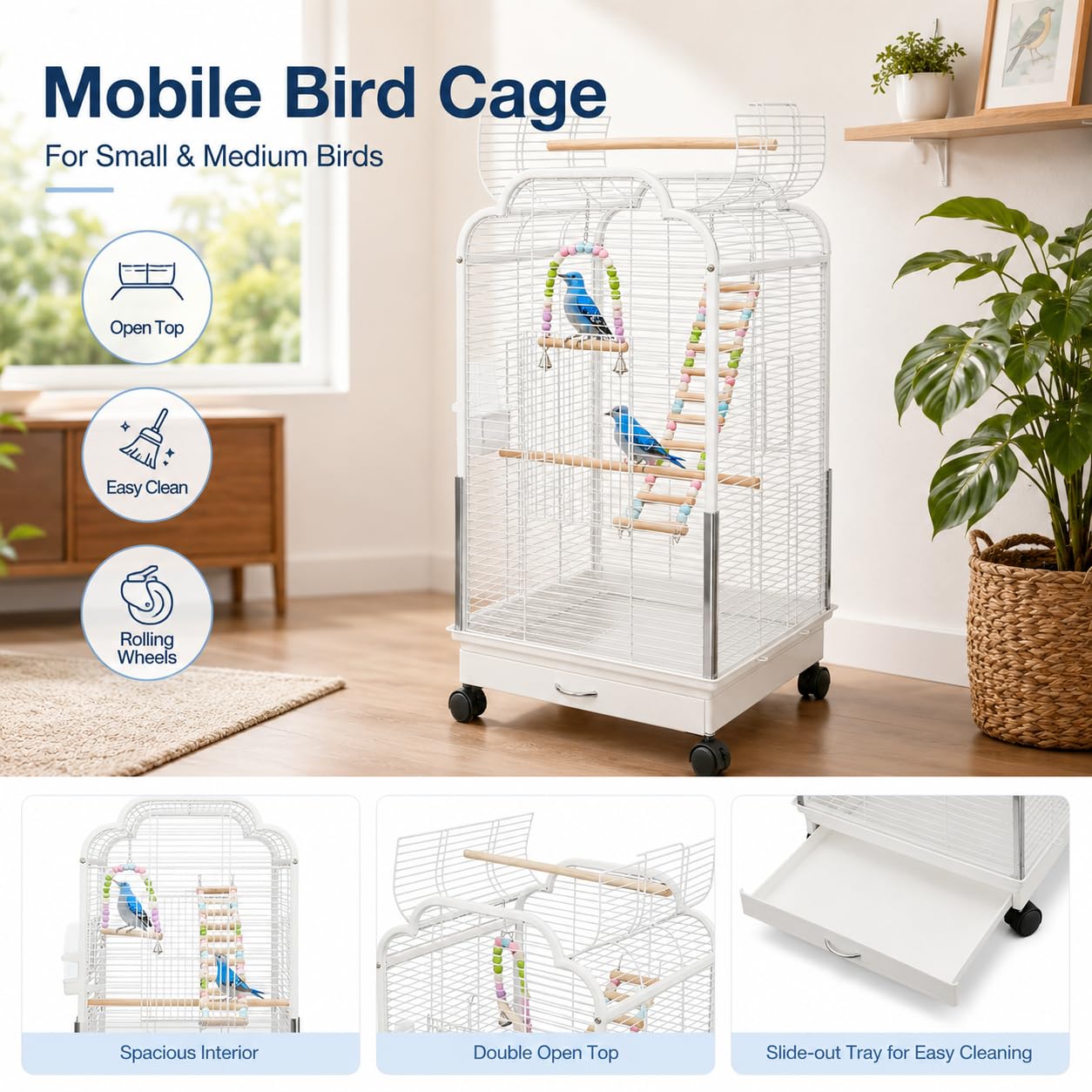 Grande cage à oiseaux avec double toit à ouverture et bol amovible, cage pour perroquet avec balançoires, armatures d'escalade, mangeoires et abreuvoirs, 48 x 45 x 95 cm (blanc)