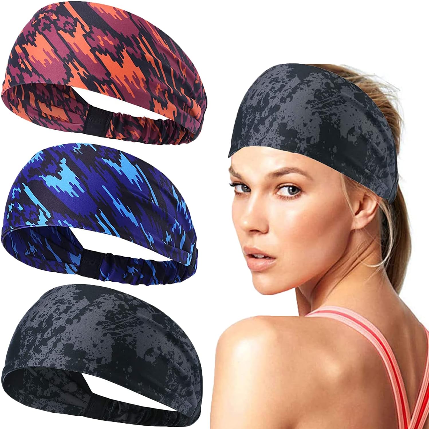 Women & Men Workout Headbands Travel Sweatband Yoga Sweat Bands Elastic Non Slip Lightweight Wide Headscarf for Sports Fitness Exercise Tennis Running Gym Dance Athletic