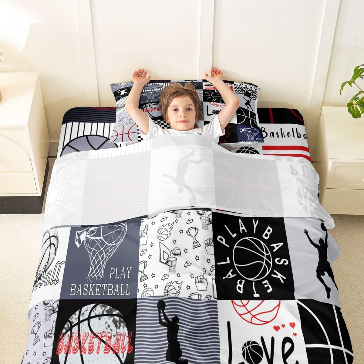 Erosebridal Basketball Sheet Set Black and Grey Patchwork Sports Twin Sheets Set for Toddler Boys,European Sport Player Ball Game Boys Athletic Decor Competitive Games Fitted Sheet
