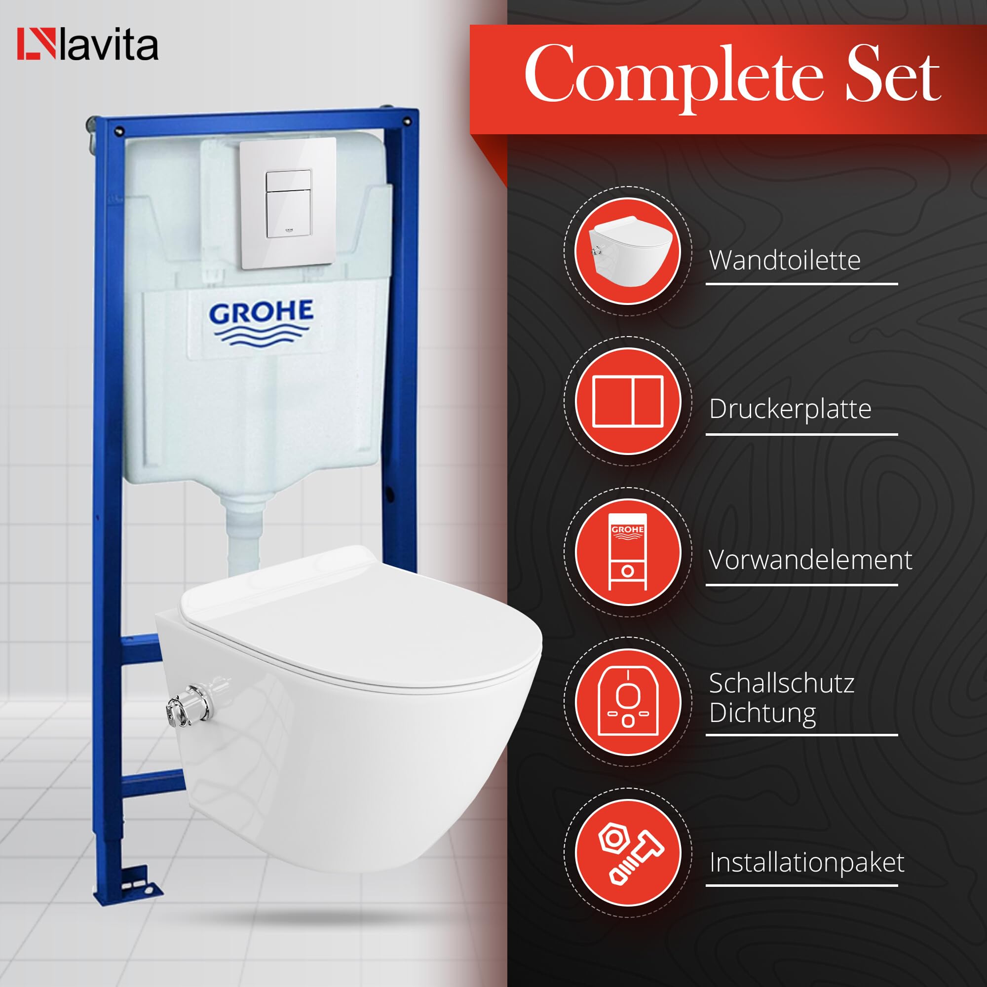 LAVITA Elemento de pared Solido + WC suspendido Salto Blanco sin reborde + + Asiento de WC con cierre automático Blanco brillante Botón Juego completo Cisterna empotrada Juego completo de WC