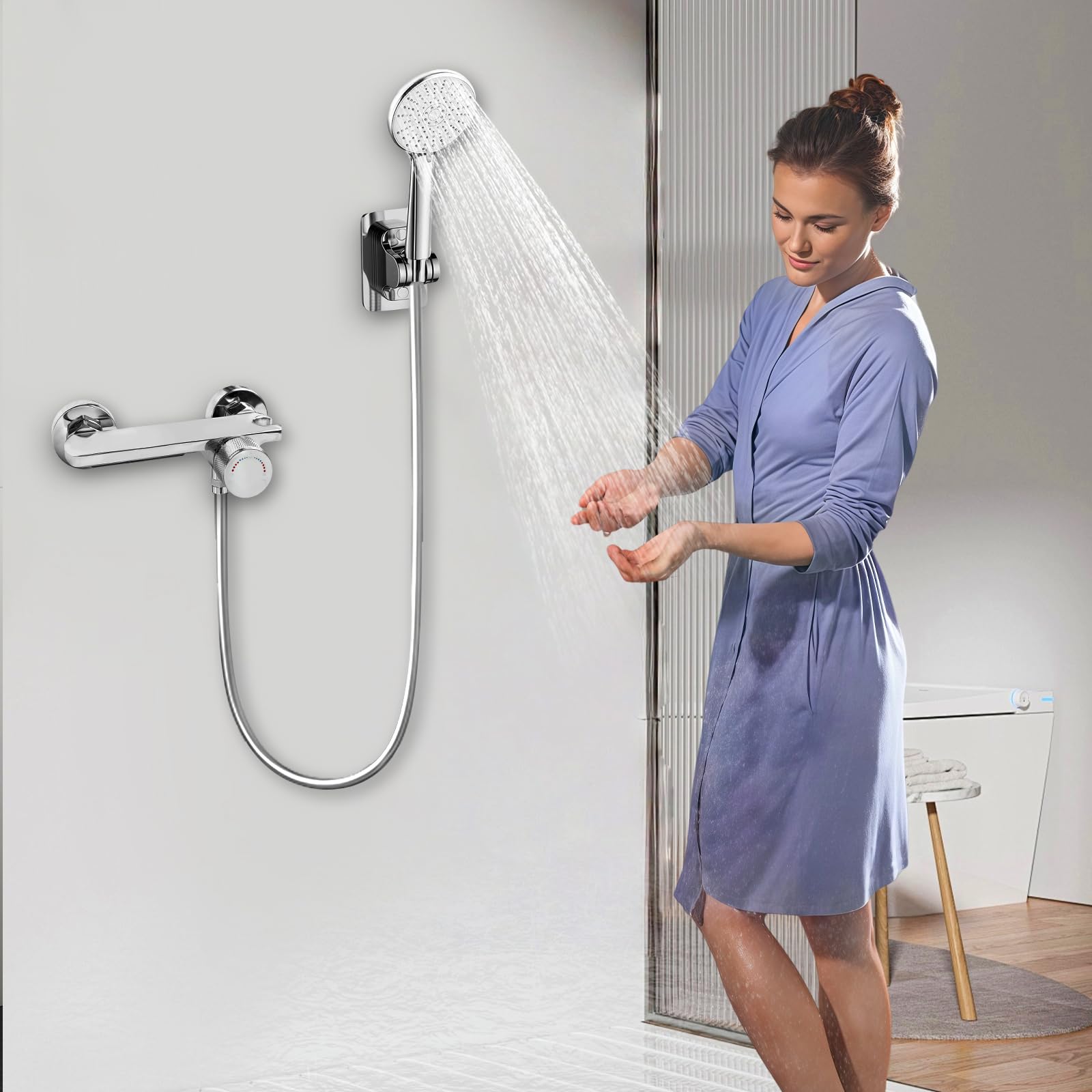 Rubinetto Vasca da Bagno a Parete, Miscelatore Cascata con Doccetta, Tubo 1,5m Antigroviglio, Ottone Massello, Cromato Argento