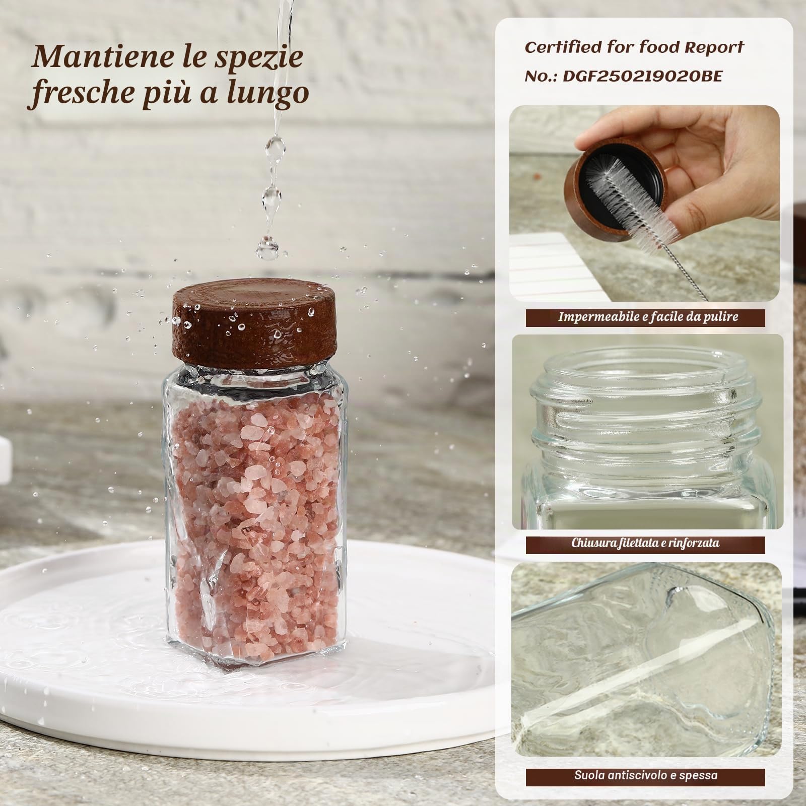Barattoli per spezie in vetro e legno, quadrati, 24 × 120 ml Set di contenitori per spezie con coperchi in legno di acacia, etichetta