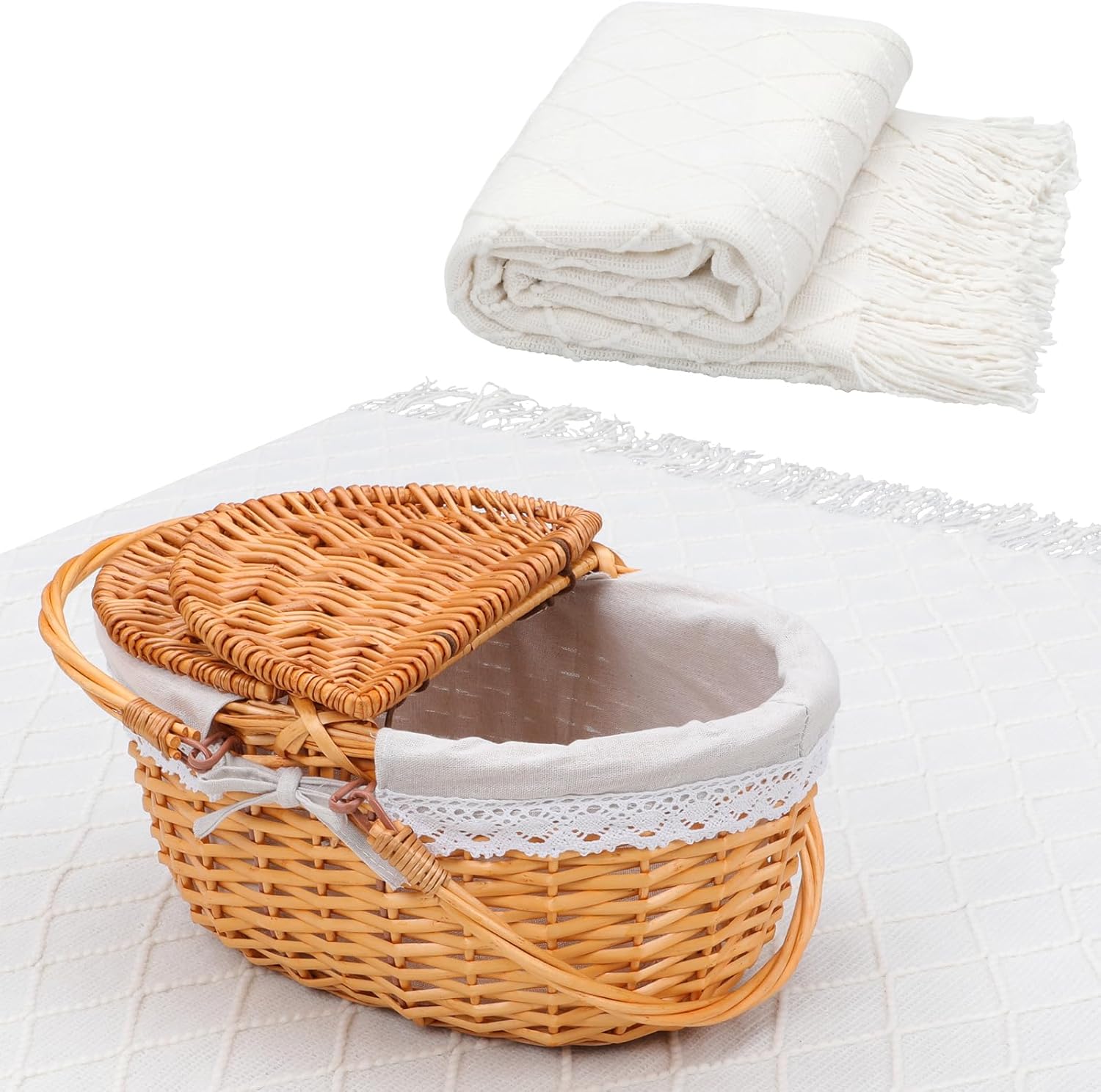 Amyhill 15 Inch Large Empty Wicker Picnic Basket with Folding Handle Lid and Removable Lining Comes with Beige Textured Knit Blanket Bohemian Style for Picnics Camping Outdoor Activities