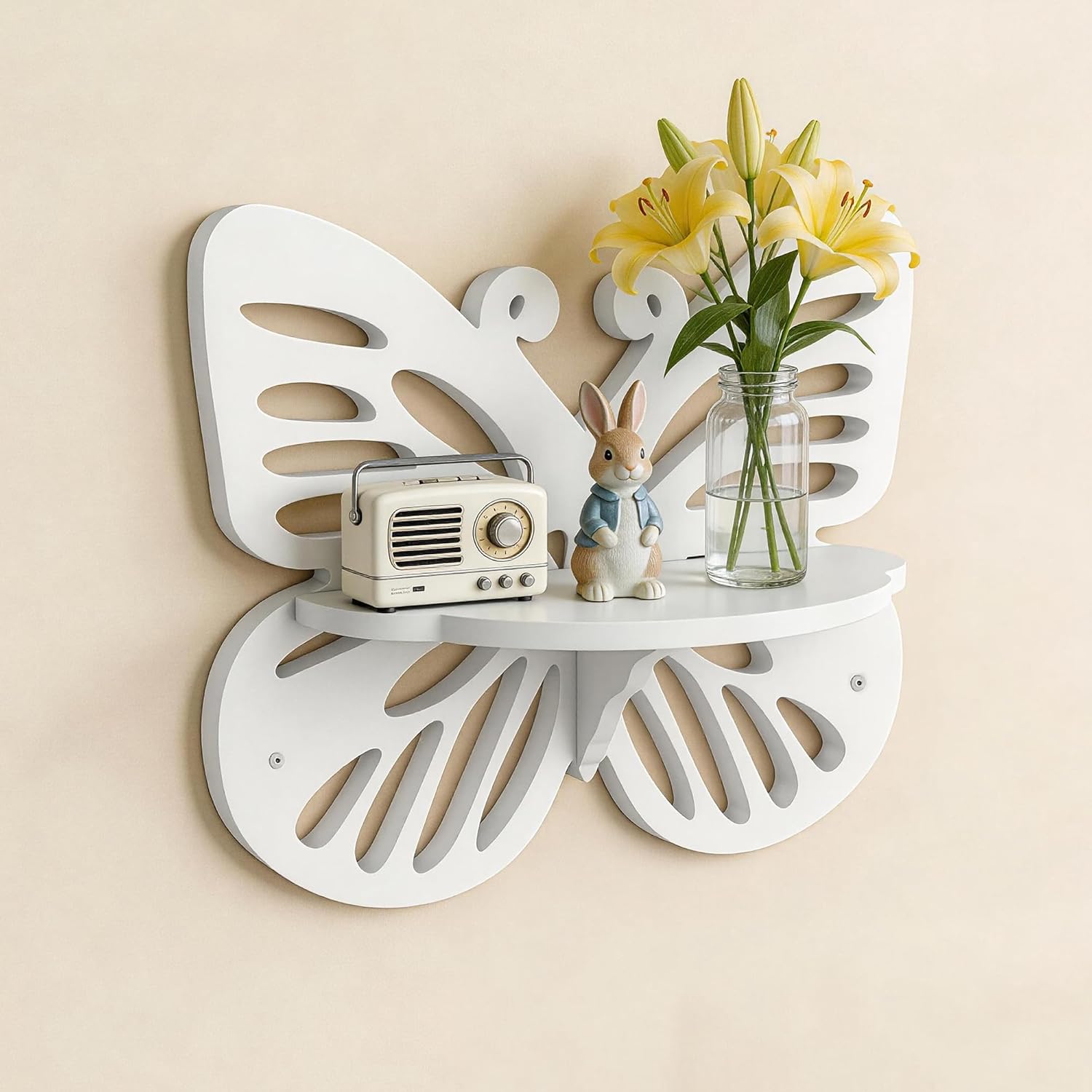 Butterfly Shaped White Floating Wall Shelf - Cute Nursery Wall Mounted Display Rack for Kids' Room, Decorative Storage Shelf for Toys, Plants & Home Decor