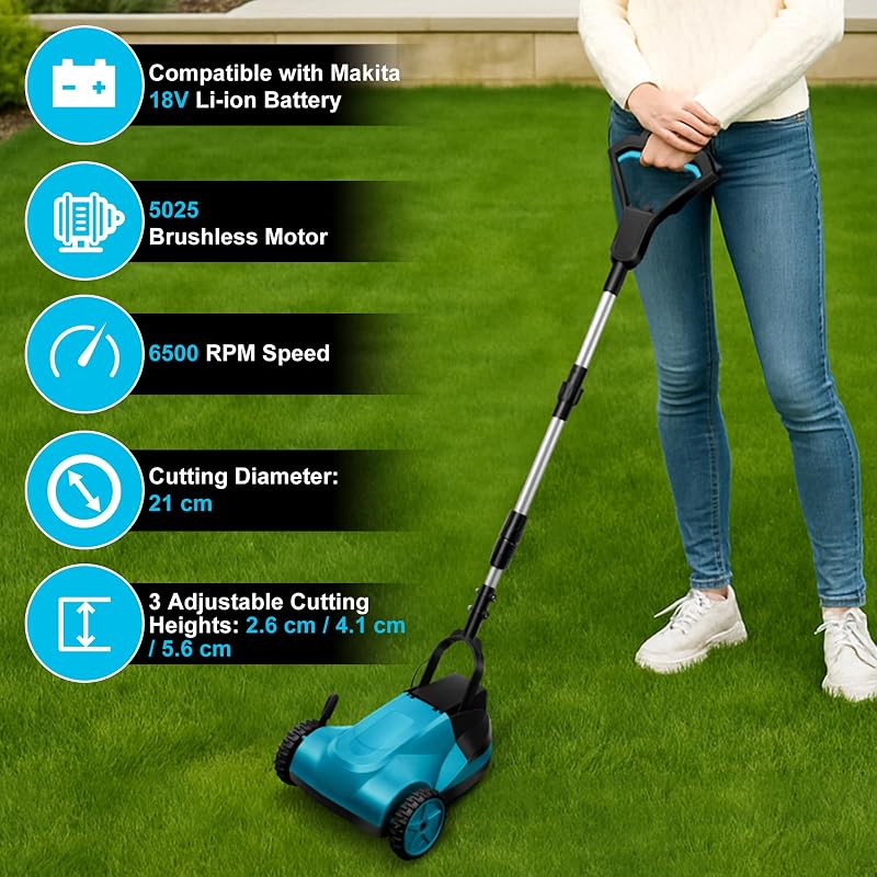 Kézi fűnyíró, kefe nélküli motorral, 21 cm vágásszélességgel, Makita 18V akkumulátoros kompatibilitás 3 magasságállítással