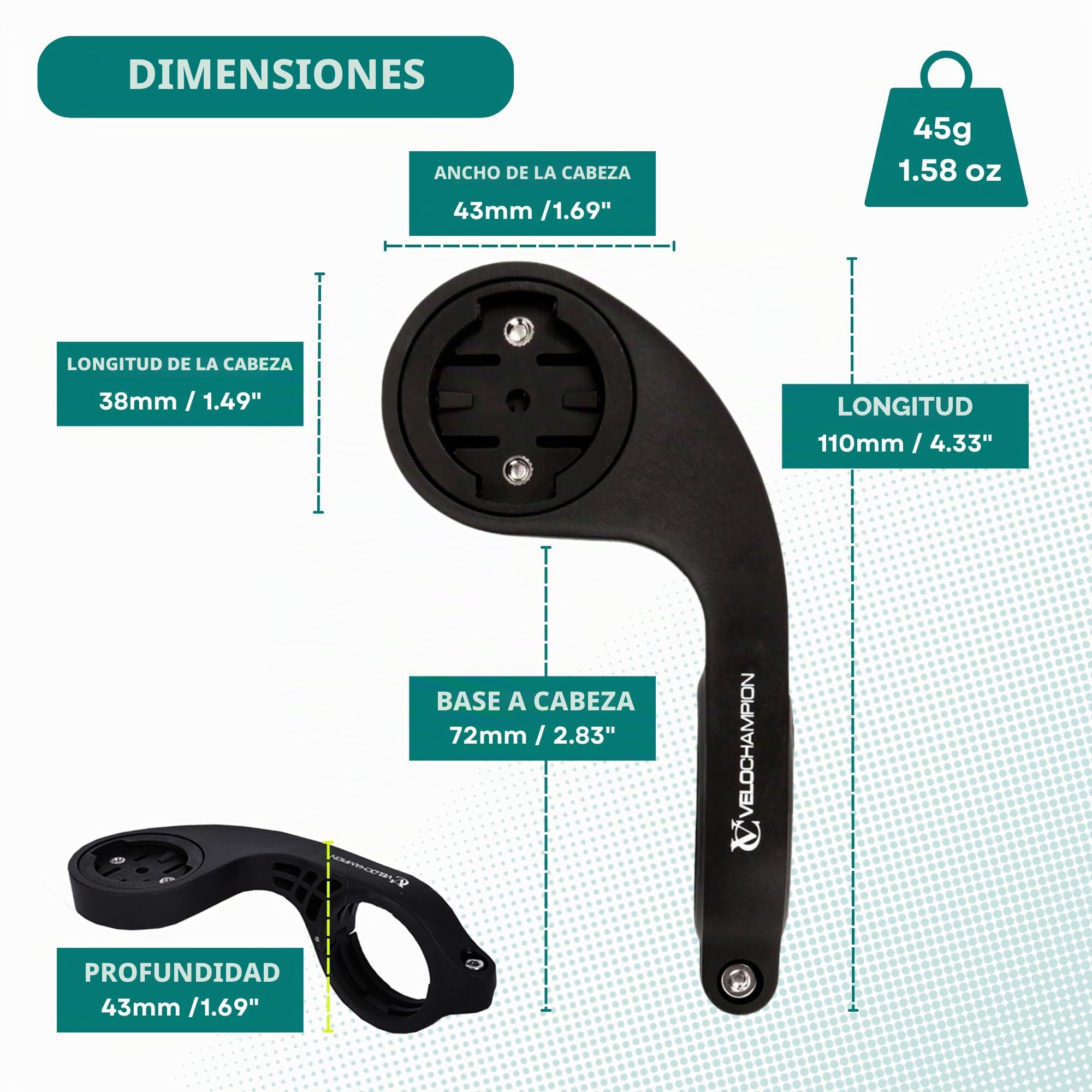 VeloChampion Soporte de Manillar Frontal Compatible con Ciclocomputadores GPS Garmin o Wahoo. Apto para Manillares con Diámetros de 25,4 a 35 mm