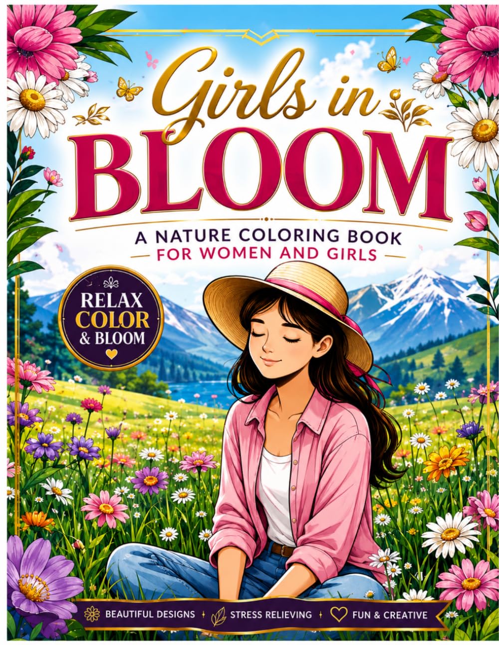 Girls in Bloom Coloring Book for Women and Teens for natural lover: Beautiful Floral Pages for Relaxation, Mindfulness, and Creative Fun A Relaxing Nature Coloring Book