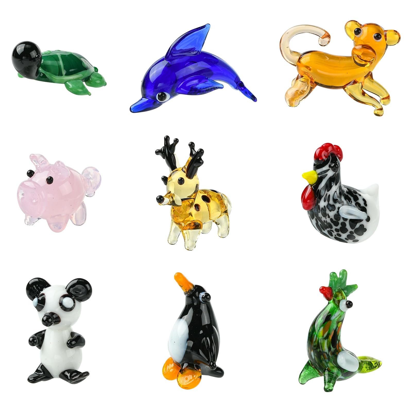 Stiesy Animal Figurines Set Handmade Lampwork Glass Miniature Decorations Reindeer Penguin Panda Rooster Turtle Monkey Dolphin for Bird Enthusiast Shelf Desk Home Display Collectibles 9Pcs