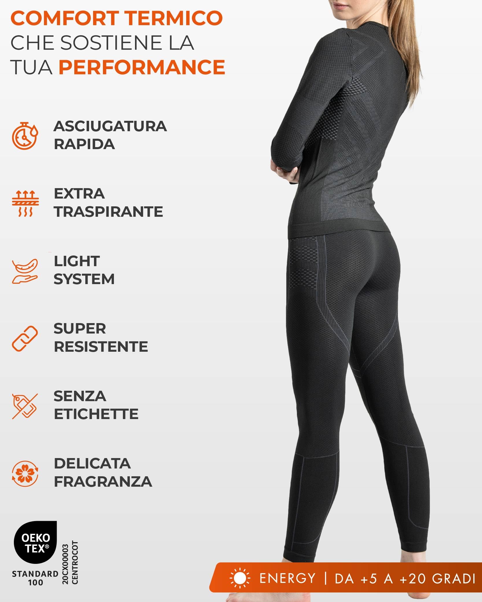 Risalti Tuta Termica Donna Invernale Energy - Completo Maglia Termica Donna e Calzamaglia con Scaldacollo Omaggio, Intimo Seamless, Traspirante e Termoregolante - Made in Italy