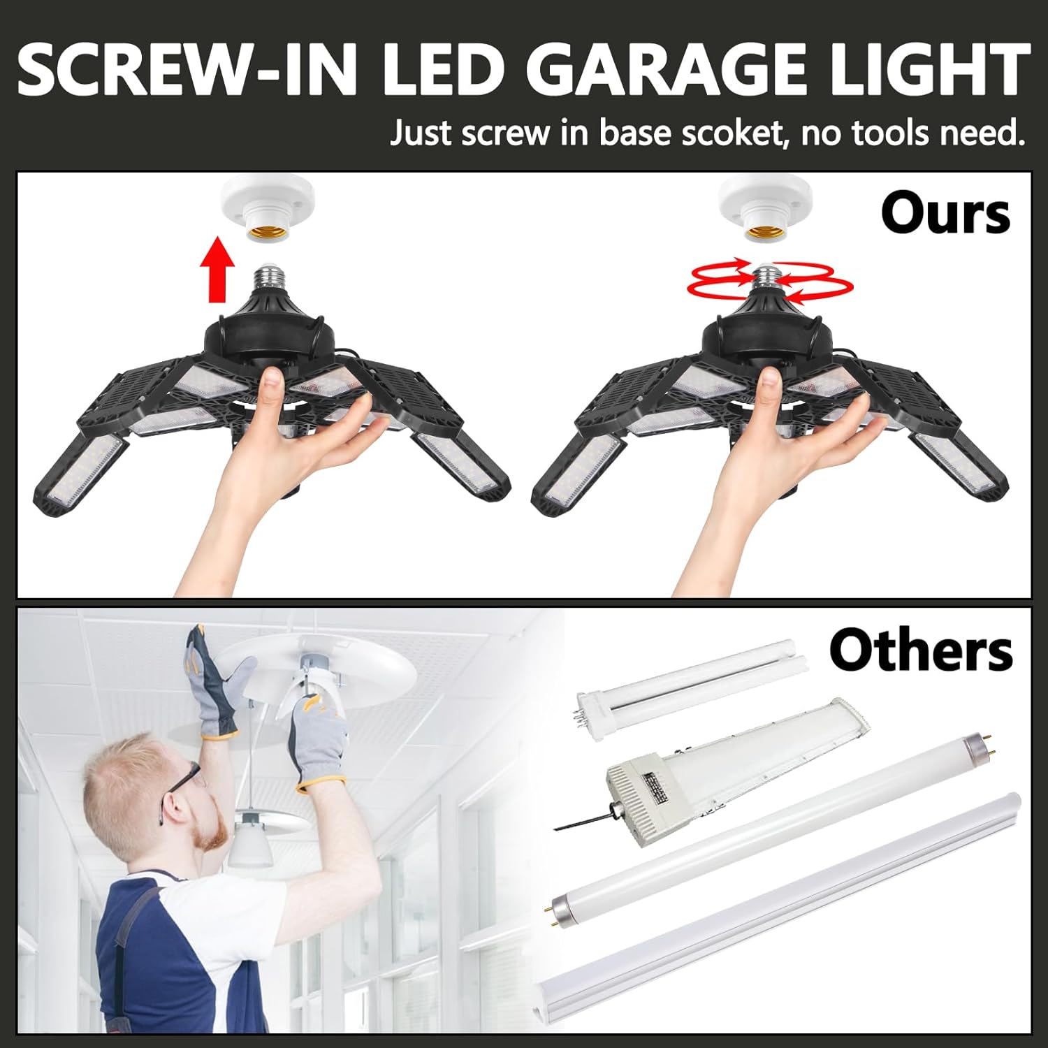 4Pack 300W LED Garage Light, 30,000LM High Output Ceiling Shop Light with 10+1 Adjustable Panels, 6500K Daylight E26/E27 Screw-in Industrial Lighting for Garage Workshop Basement Utility Room