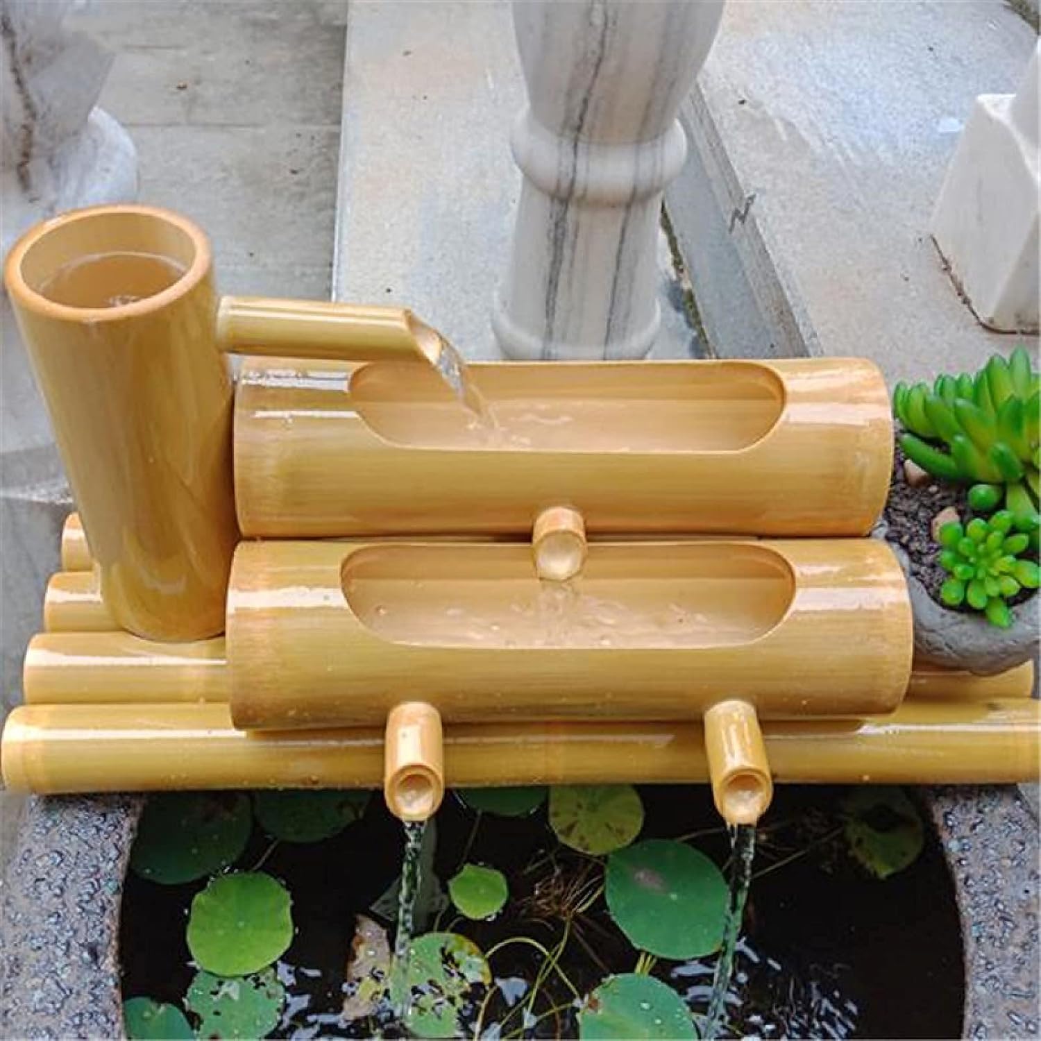 Bamboo Fountain Decor, Poly Resin Pouring Bamboo Fountain Water Spout with Pump, Garden Decoration, Waterfall, Outdoor Japanese Garden Feature,50cm Decoration