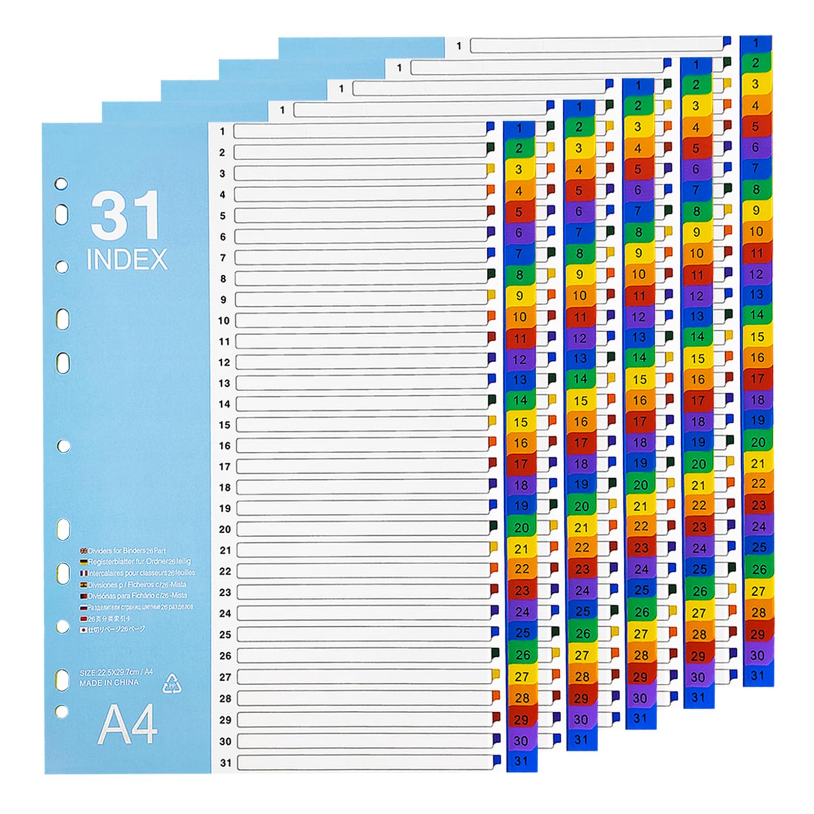 1-31 divisori a linguette, divisori in plastica per raccoglitori a 3 anelli, divisori multicolore con linguette, sommario personalizzabile, numero 1-31 schede, 5 set