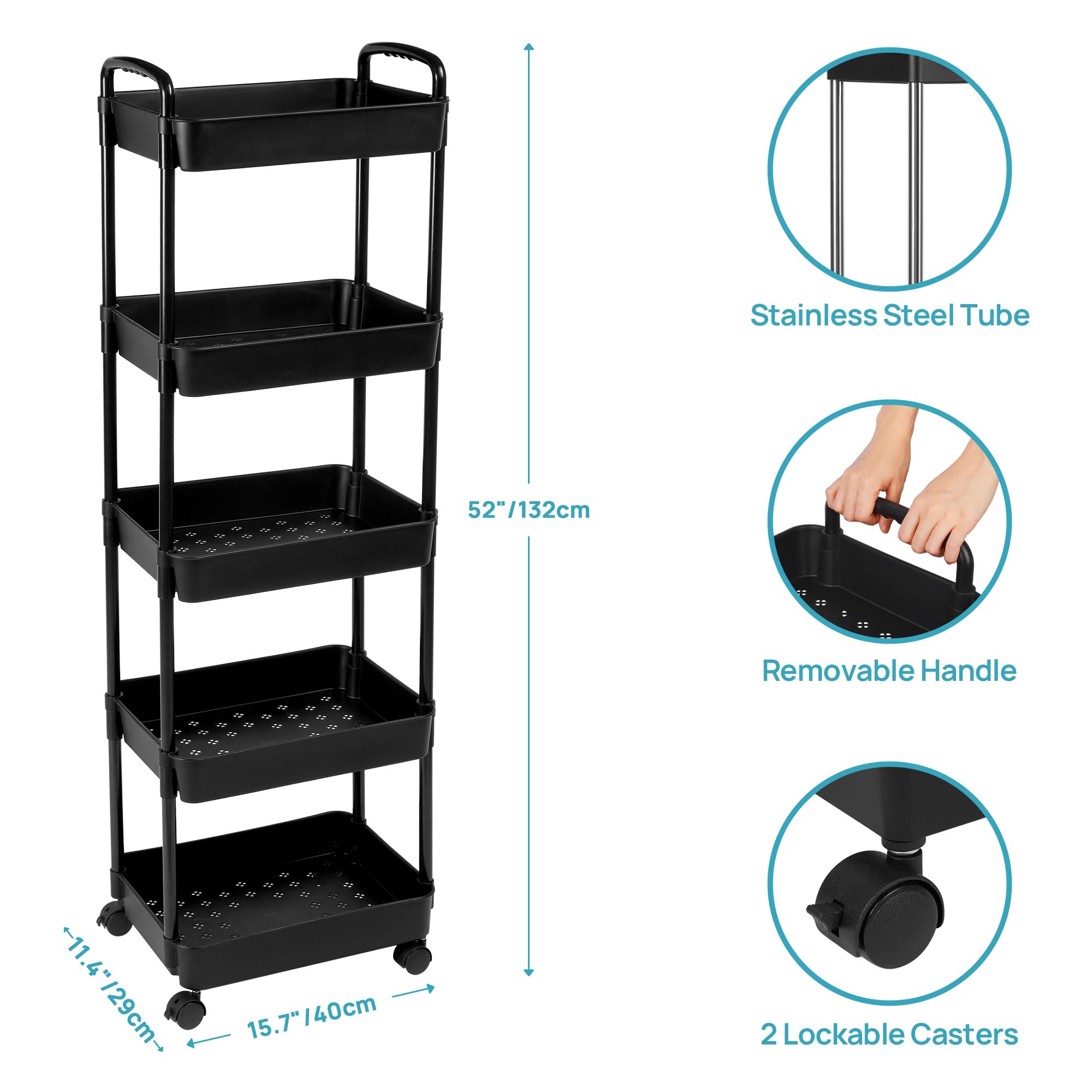 Vtopmart 5 Tier Rolling Cart with Wheels, Detachable Utility Storage Cart with Handle and Lockable Casters, Storage Basket Organizer Shelves, Easy Assemble for Bathroom, Kitchen, Black