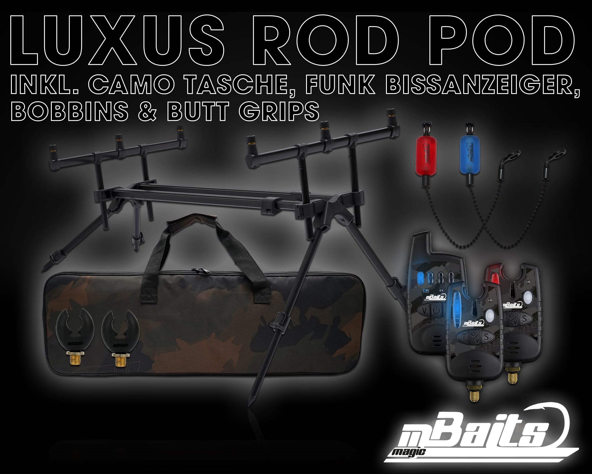 Angel-Berger Magic Baits Luxus Rod Pod mit Funkbissanzeiger Set Tasche Rutenauflagen Bite Indicator Carp Rodpod Rutenständer Rutenhalter