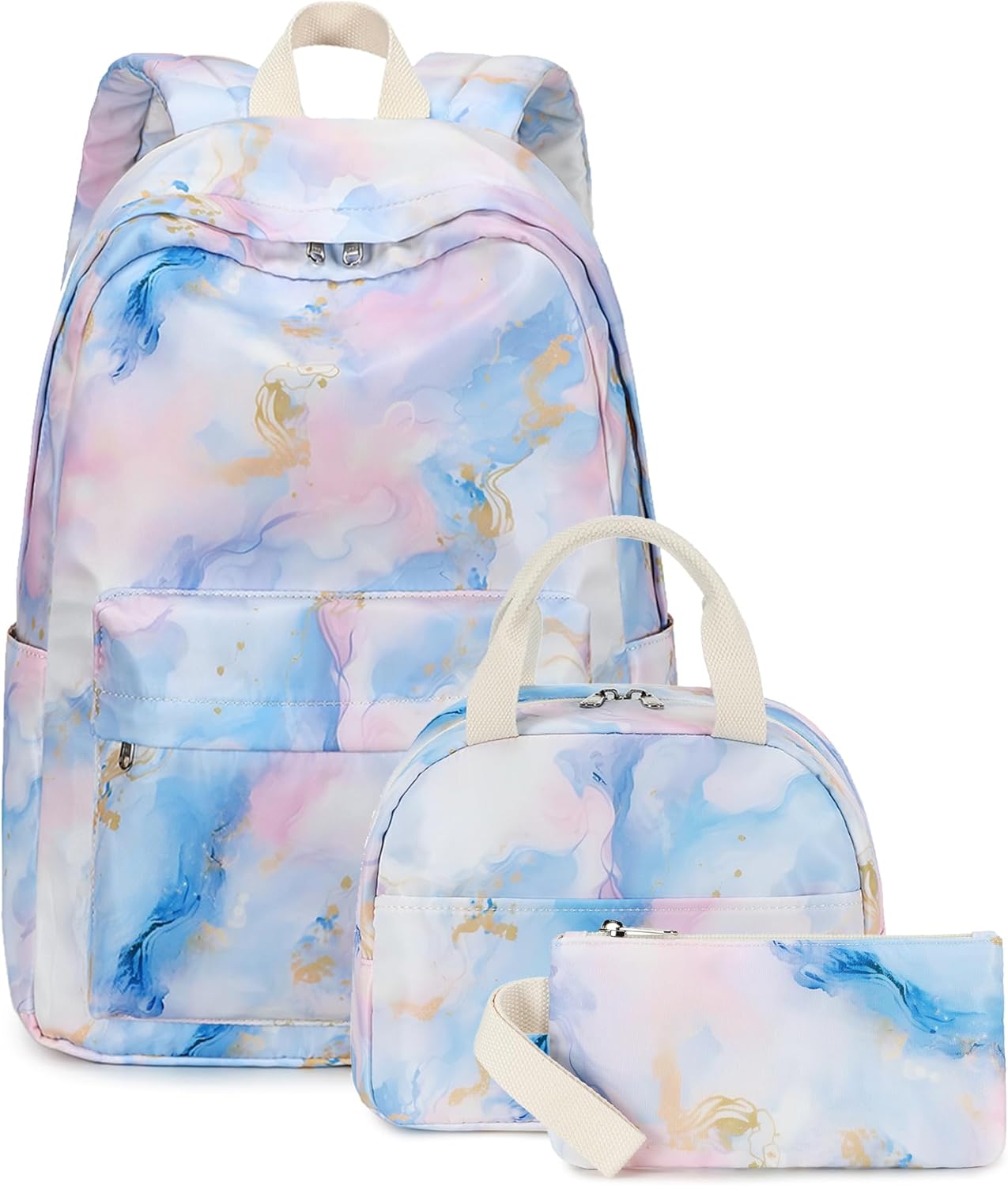 Bluboon Teen Girls School Backpack Kids Bookbag Set with Lunch Box Pencil Case Travel Laptop Backpack Casual Daypacks (Pink Blue Purple Gold Marble 99)