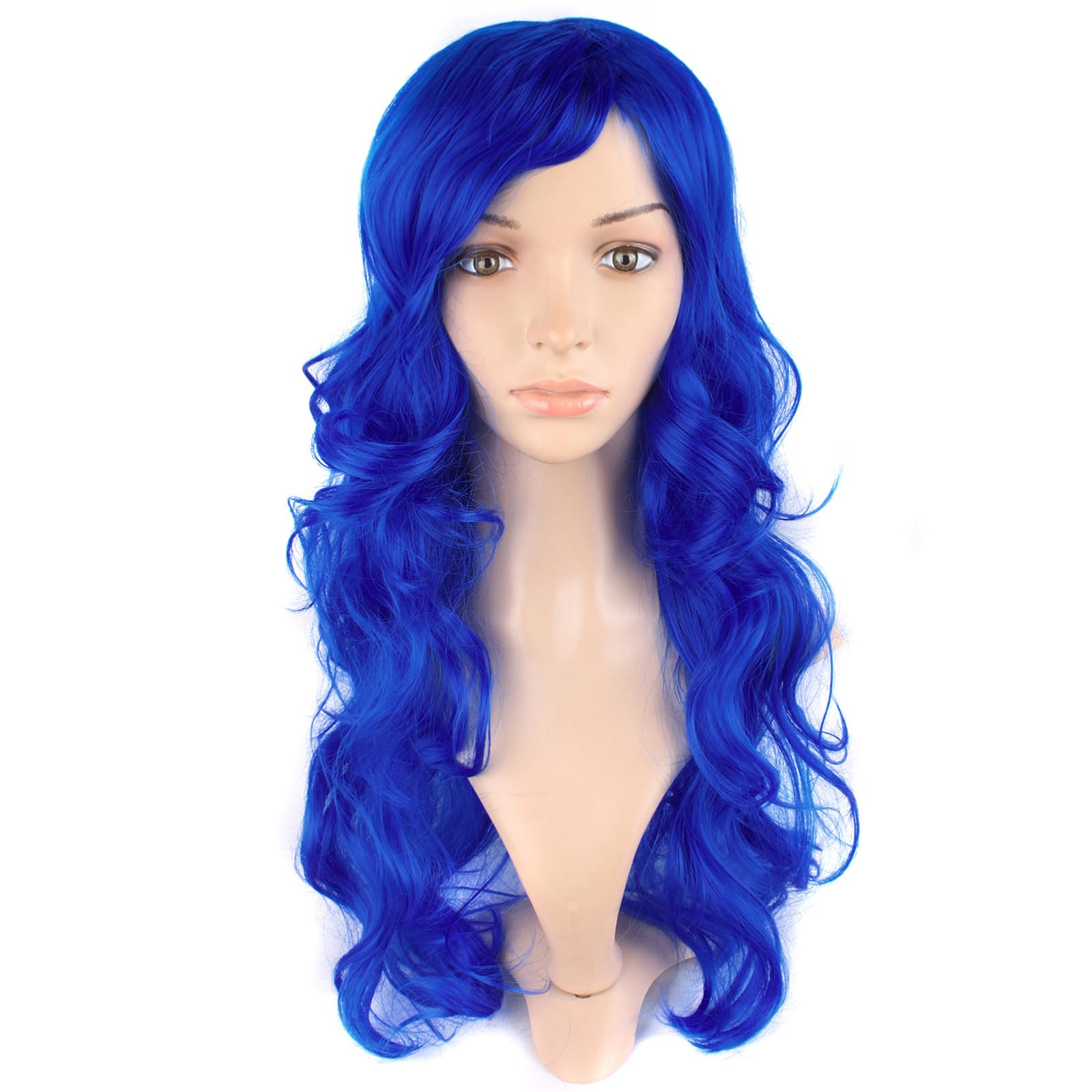 MapofBeauty 24 Inch/60cm Charming Synthetic Long Wavy Side Bangs Women Party Anime Cosplay Wig (Navy Blue)