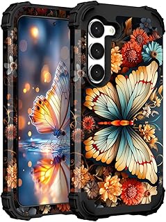 Hocase for Galaxy S23 Plus Case, Shockproof Heavy Duty Protection Soft Silicone Rubber Bumper+Hard Plastic Hybrid Protective Case for Samsung Galaxy S23 Plus (6.6") 2023 - Butterly on Flowers