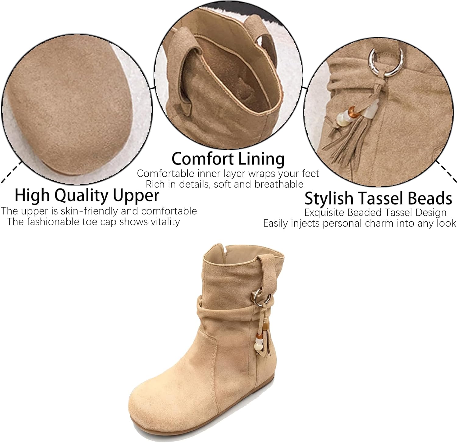 Women's Suede Slouchy Flat Ankle Boots Fashion Tassel Beads Comfortable Round Toe Pull On Low Heel Booties Fall Winter Daily Casual Dress Short Boots