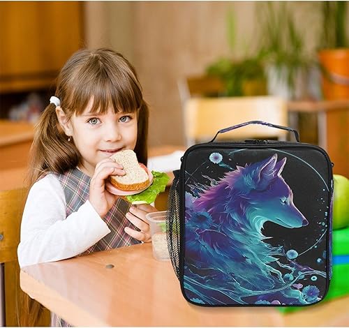 Vista 2 de Lonchera con diseño de lobo y galaxia, diseño de lobo estrellado, para niñas, niños, bolsa de almuerzo aislada con cabeza de animal reutilizable