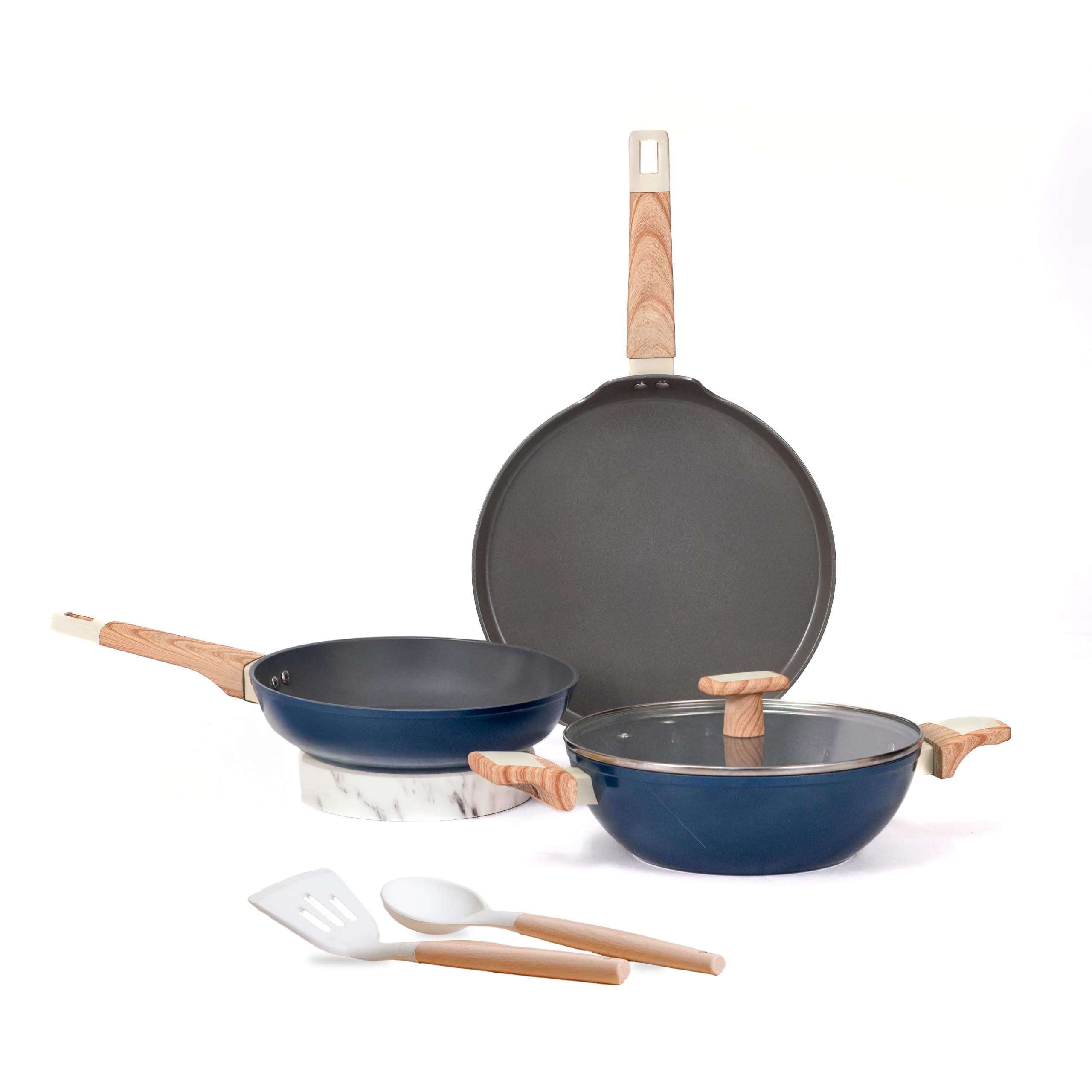 Kreme Ceracook Ceramic Coated Granite 6 Pc Cookware Set, Frying Pan, Kadai, Tawa, 2X Spatulas, ISI Certified, Forged Aluminium, Gas & Induction, PFAS & PTFE Free, 1 Yr Warranty, Ocean Deep Blue
