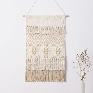 Dremisland Boho Macrame Wall Hanging - Beige Geometric Wave Art with Wool Balls & Tassels, 15.7x22" Bedroom Dorm Apartment Decor