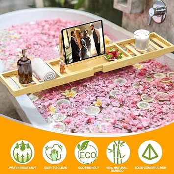 Premium Bath Tray Caddy, Expandable Bamboo Wooden Bath Trays for Across The Bath
