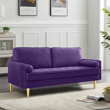 67" Velvet Loveseat Sofa, Tufted Small Couch with 2 Pillows, Purple | Velvet upholstery, Button tufted design, High-density foam fill, Sturdy metal legs, 600lb capacity