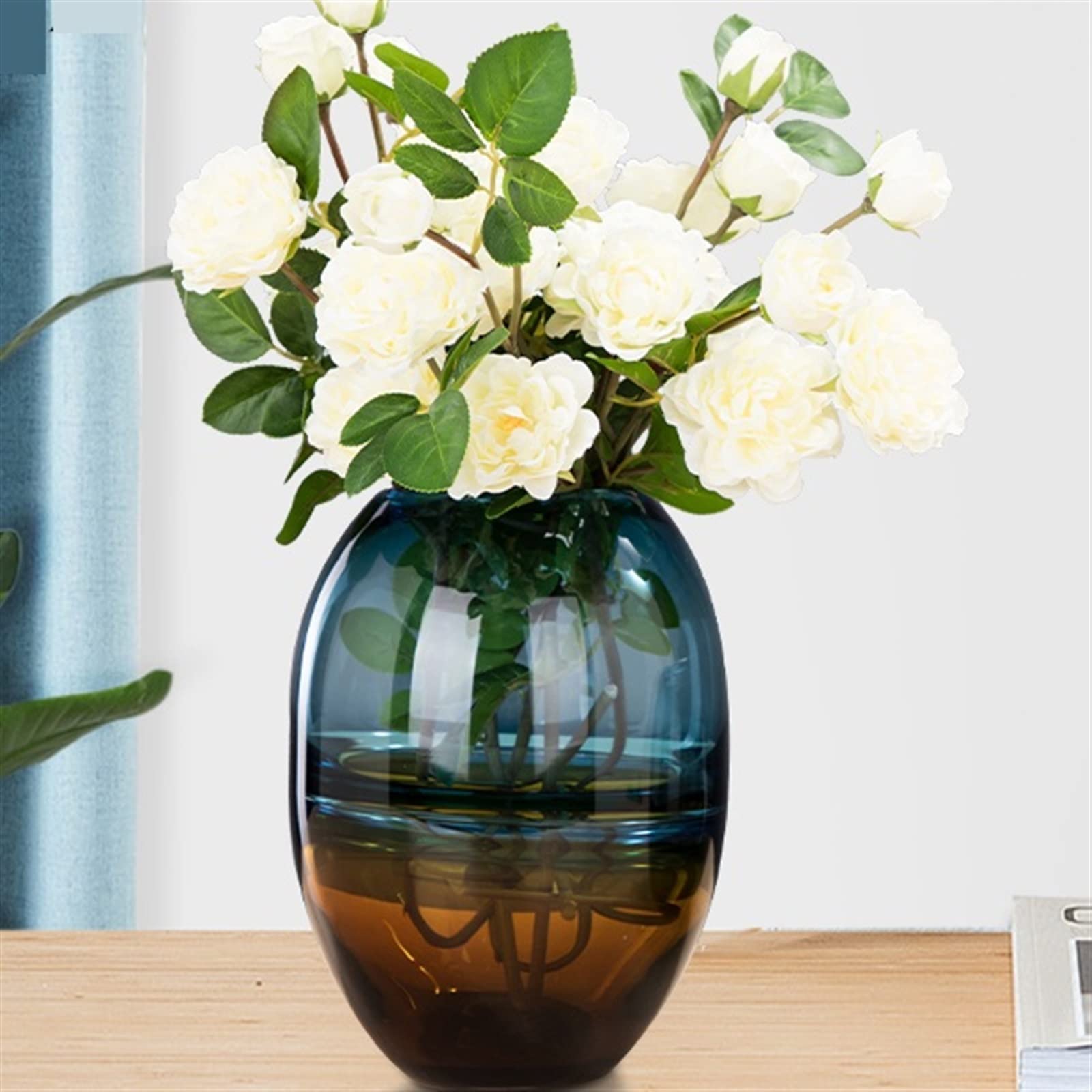 Jarrón Diseñador Creativo Jarrón de Vidrio nórdico Luz Decoración Lujo Arreglo Flores secas Estilo Europeo Sala Estar Moderno Simple Azul Ámbar Jarrón para Mesa(Grande)