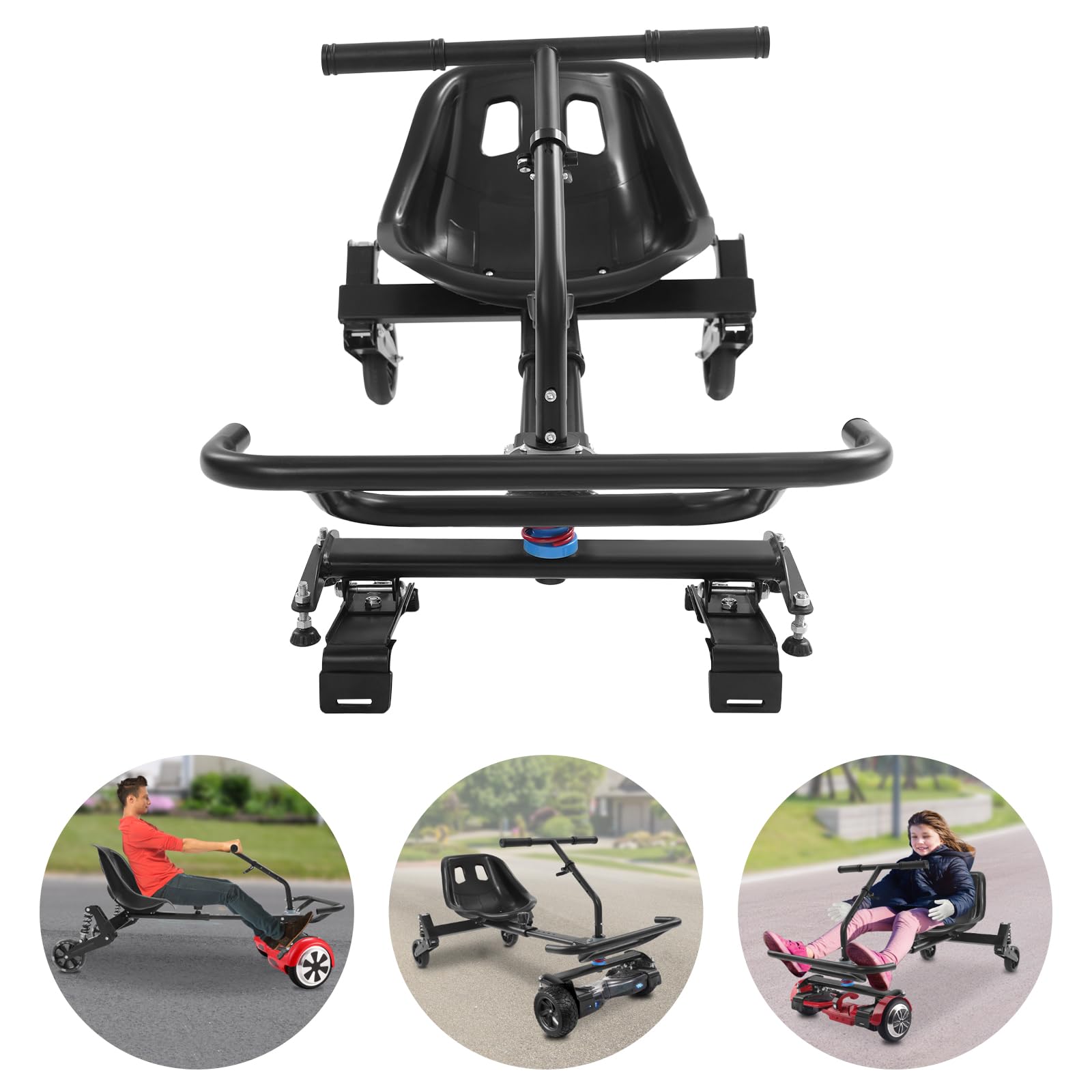 Siedzisko do skutera samobalansującego, regulowane akcesoria gokart | Z potrójną amortyzacją wstrząsów, kompatybilna z deskorolka Hoverboard 6,5/8/10" o nośności do 100 kg, czarna