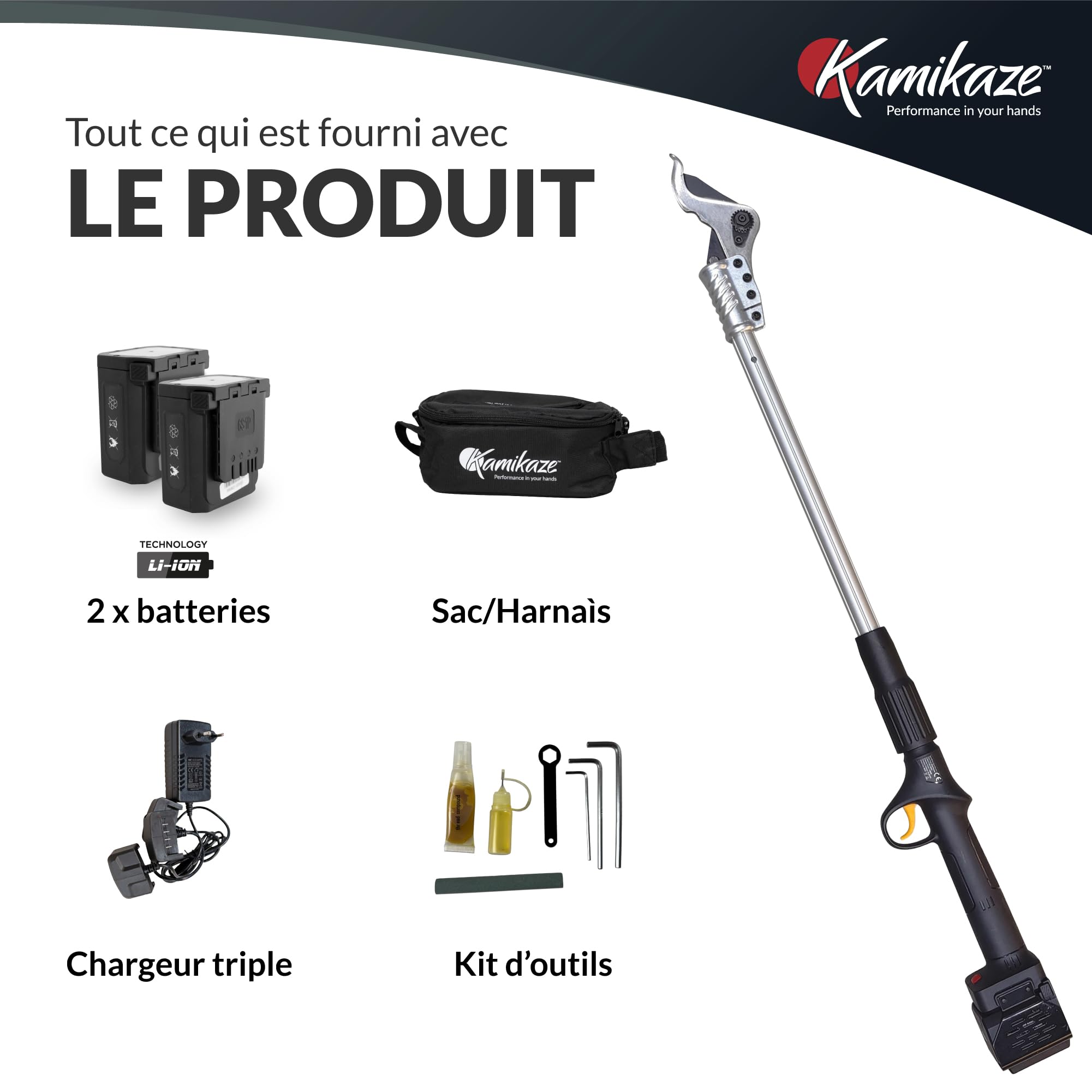 KAMIKAZE KV105. Perche d’élagage sans fil pour la taille en hauteur. Coupe Ø 38 mm. Longueur de la perche : 99 cm. Jusqu’à 8 heures d’autonomie. Comprend deux batteries lithium rechargeables.