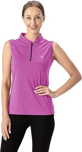 Miniatura 5 de YSENTO Ropa de golf para mujer, camisetas sin mangas, con cremallera de 14, sin cuello, ajuste seco, UPF 50+, camiseta polo de tenis