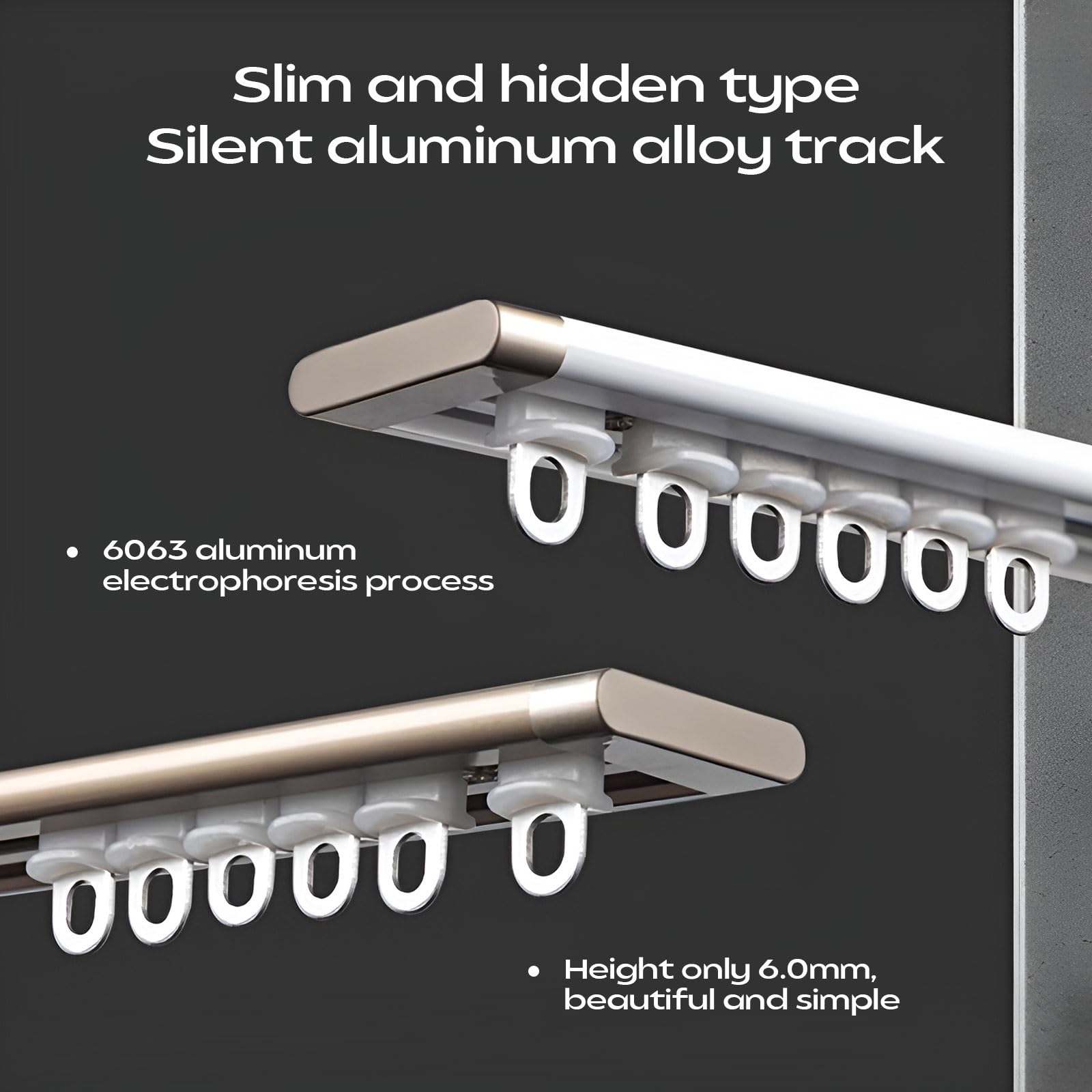 Ultra-cienka aluminiowa szyna do zasłon prosta konstrukcja niewidoczna montowana na suficie z kołem pasowym ze stali nierdzewnej i zaślepkami ze stopu wykończenie szampańskie 260 cm (2x)